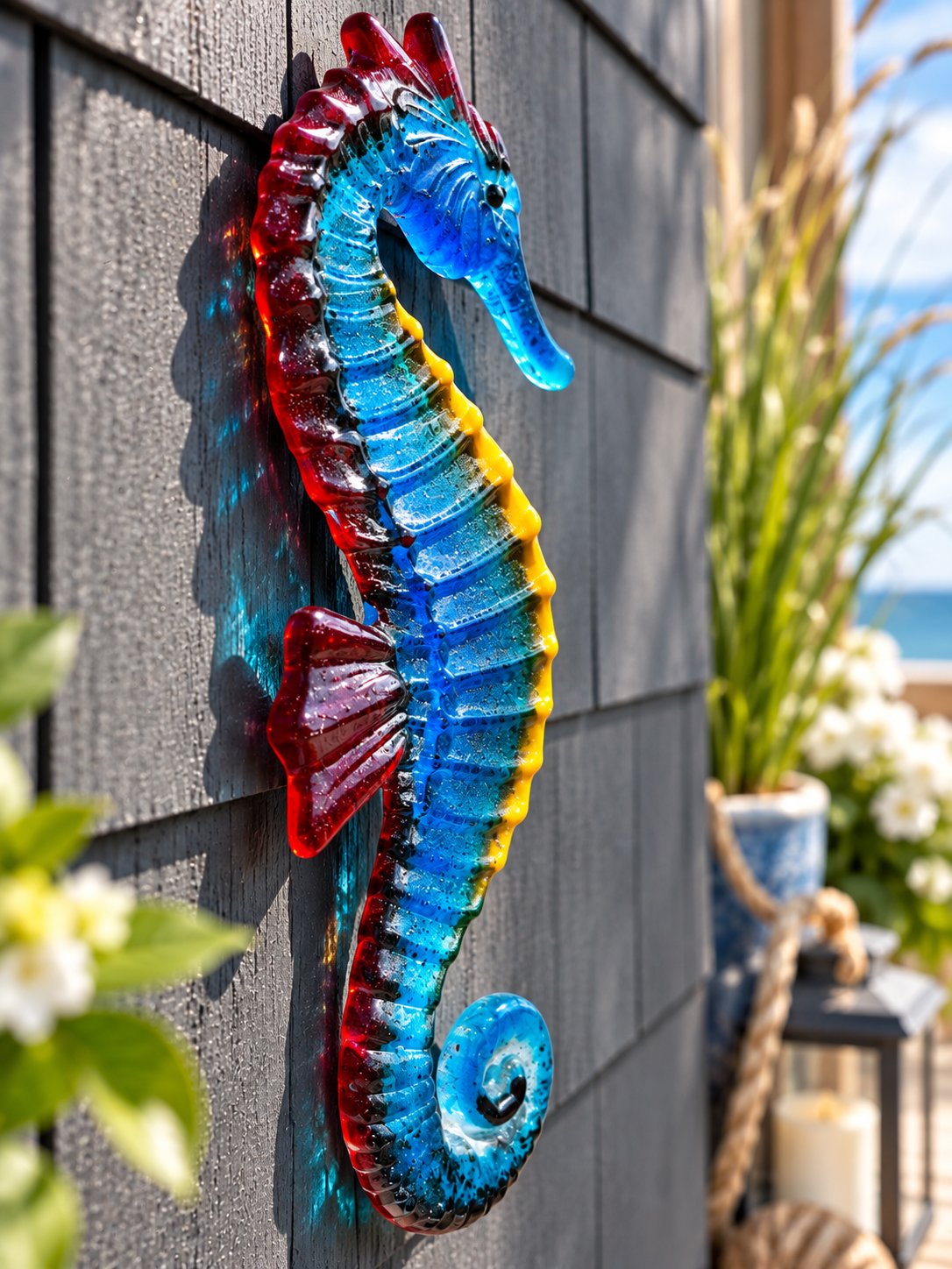 Handmade blue fused glass seahorse wall art with turquoise, yellow and red accents displayed on a dark exterior wall