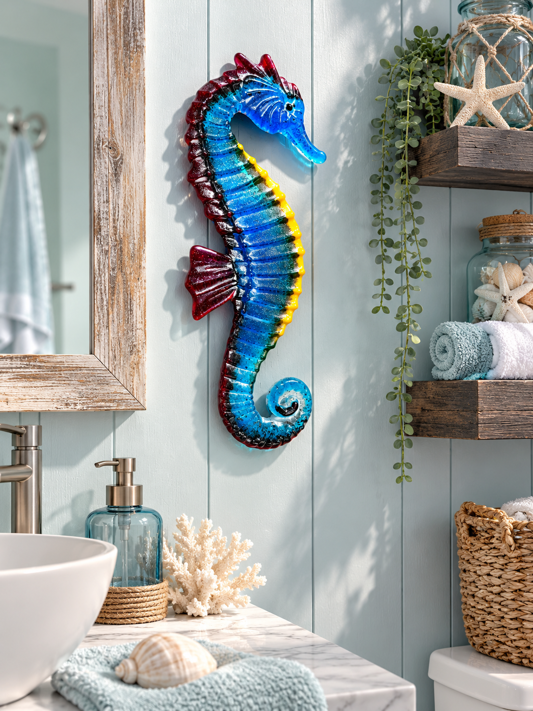 Handmade blue fused glass seahorse wall art with turquoise, yellow and red accents displayed on a dark exterior wall