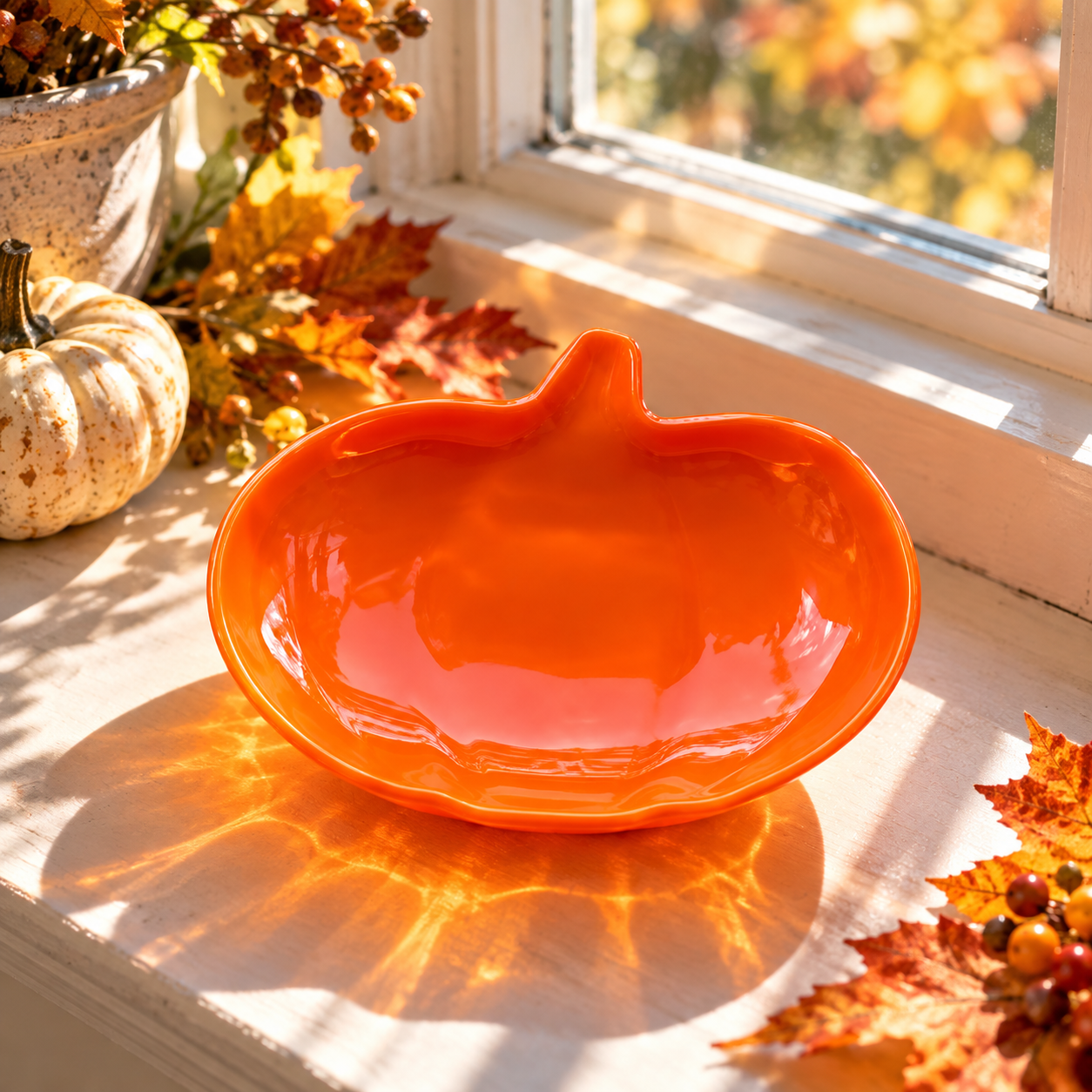 Decorative glass pumpkin dish displayed as part of autumn home decor
