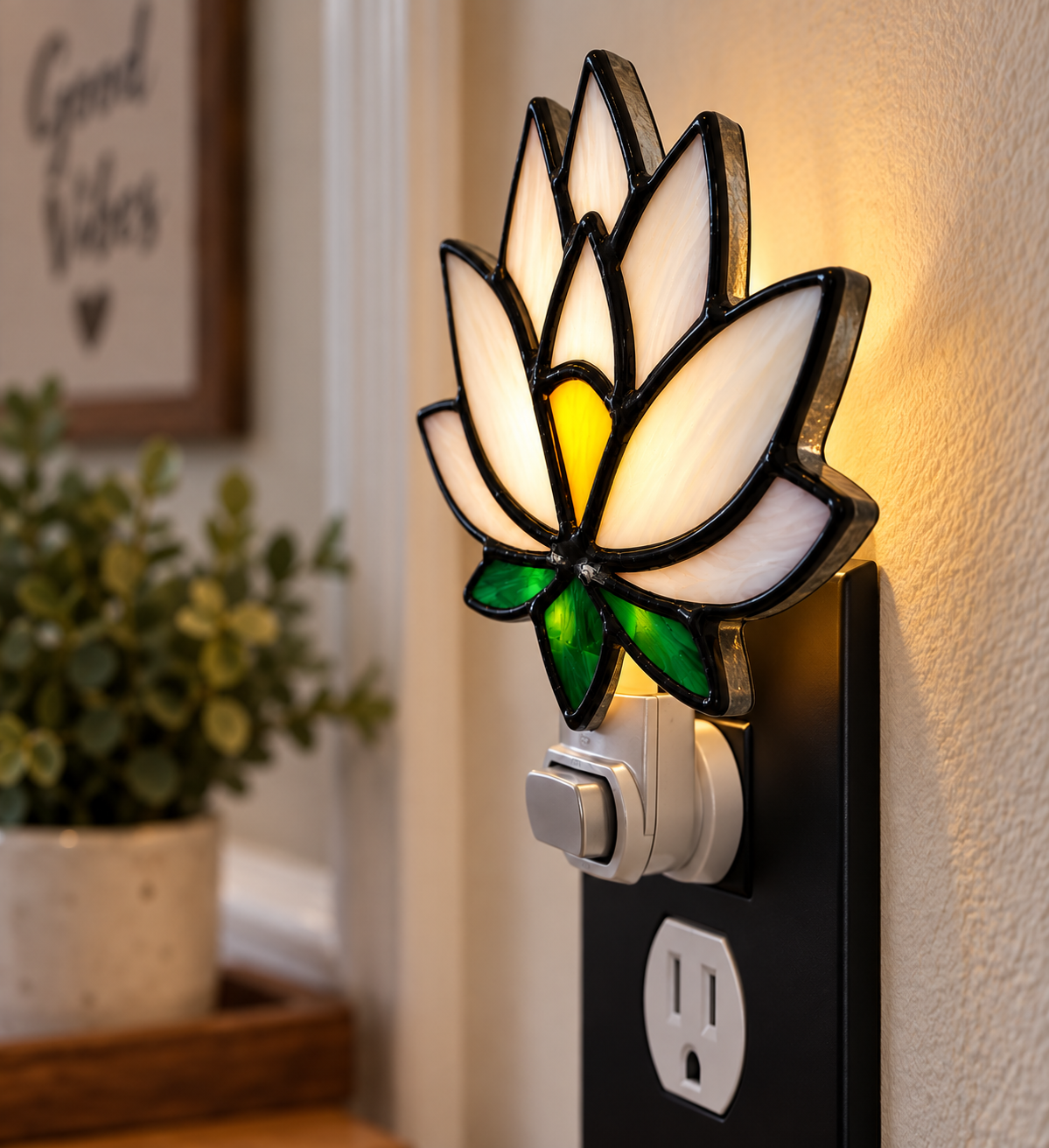 Side view of glowing lotus stained glass night light showing handcrafted glass texture and depth