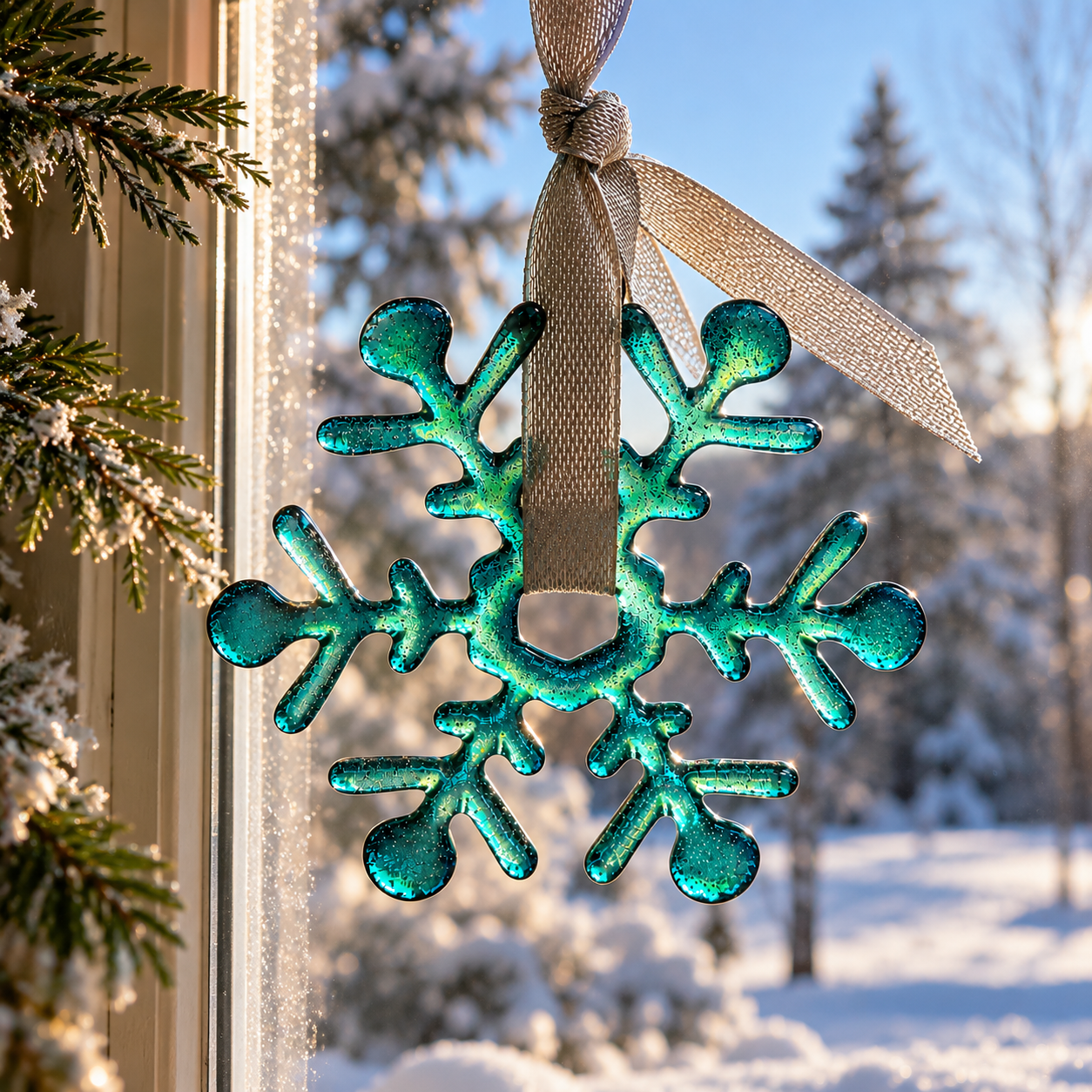 Close-up of a handmade turquoise fused glass snowflake ornament showing its decorative glass details.