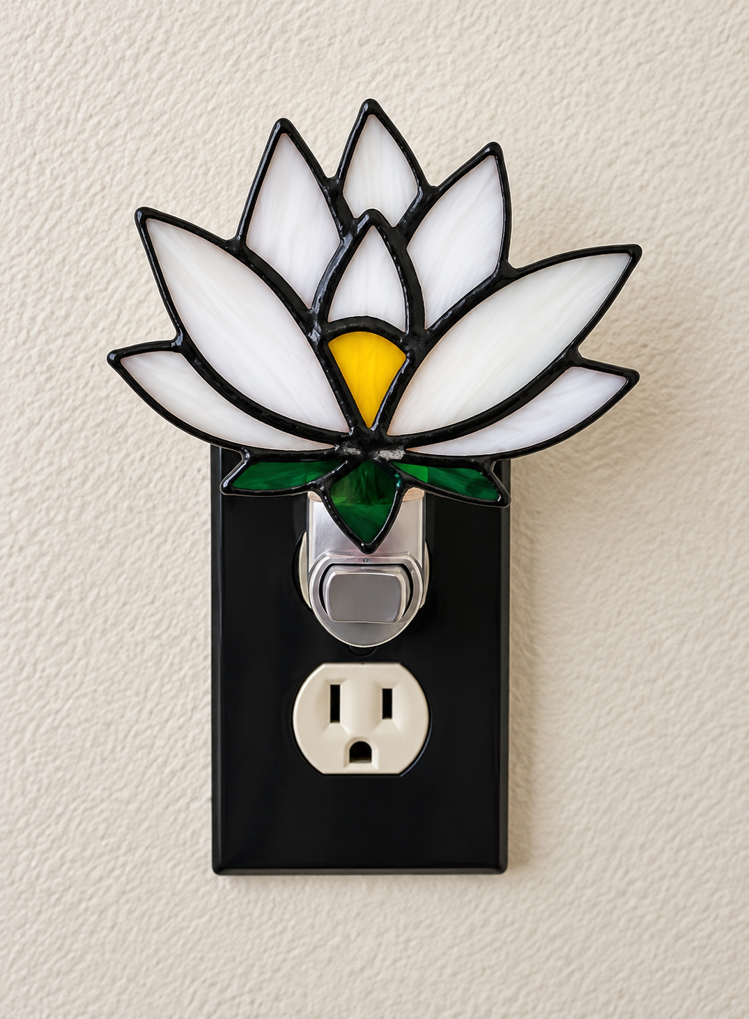 Handmade white lotus stained glass night light with green leaves and yellow flower center