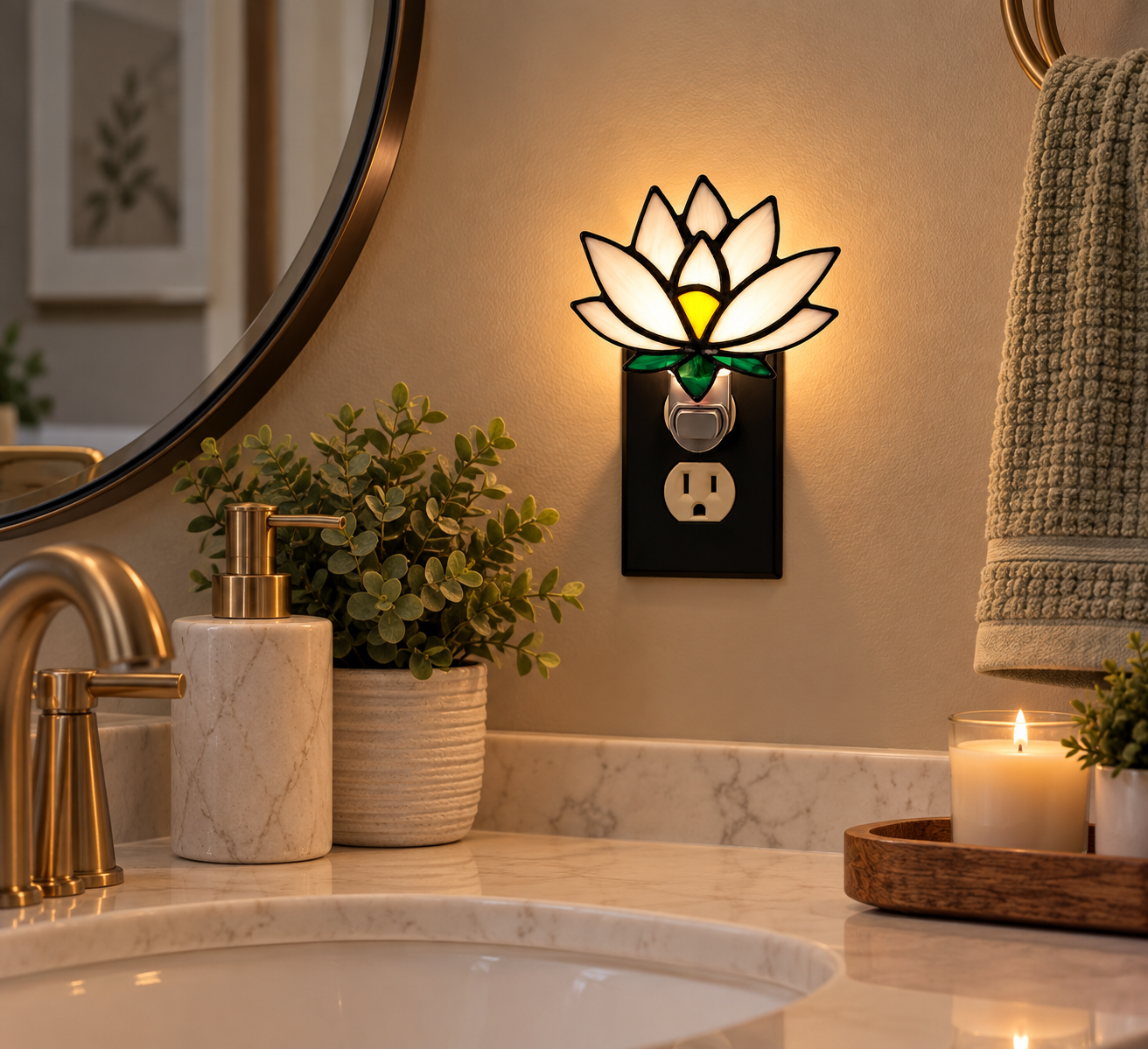 Handmade white lotus stained glass night light with green leaves and yellow center