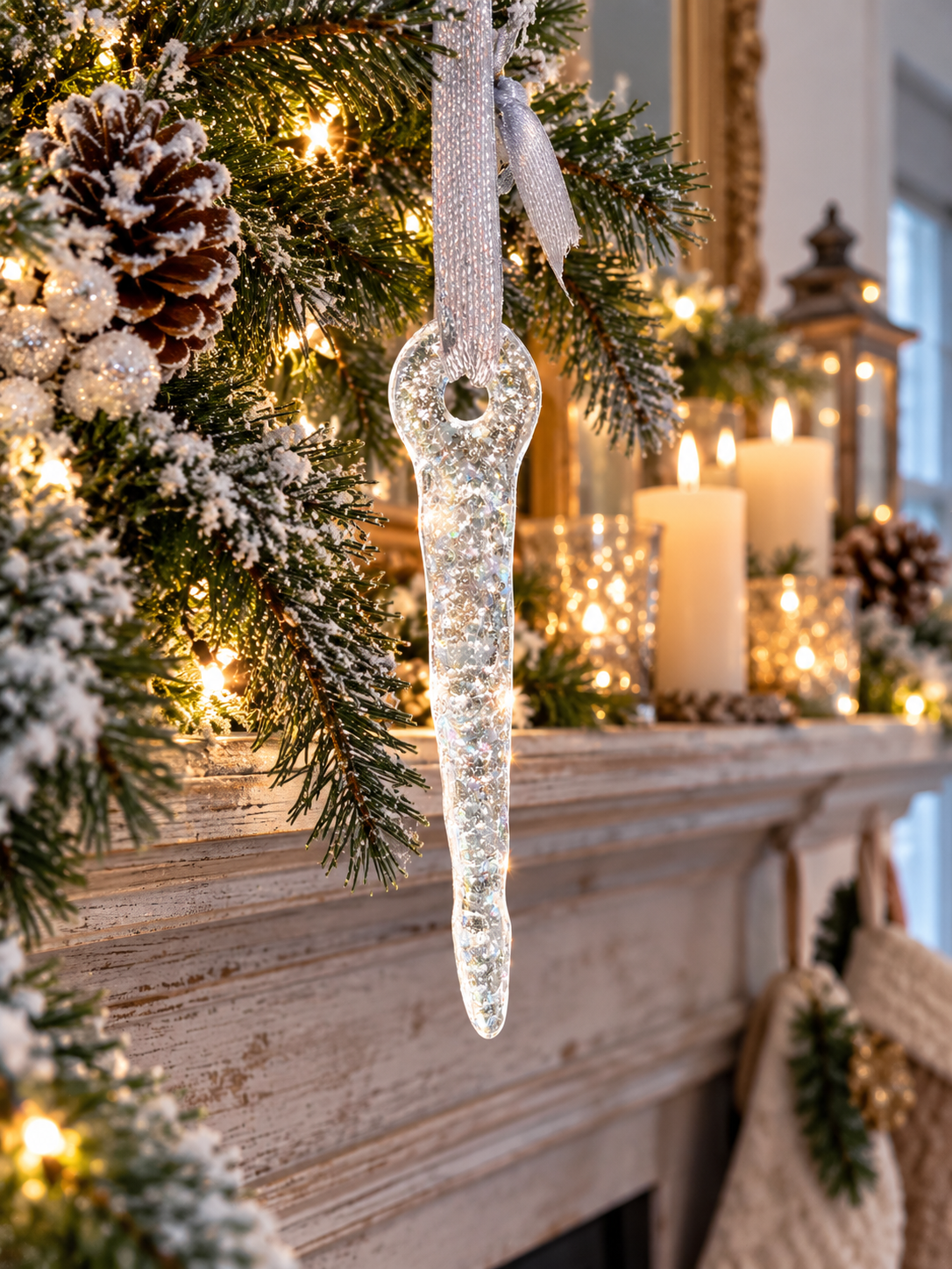Handmade iridescent fused glass icicle Christmas ornament hanging on a Christmas tree