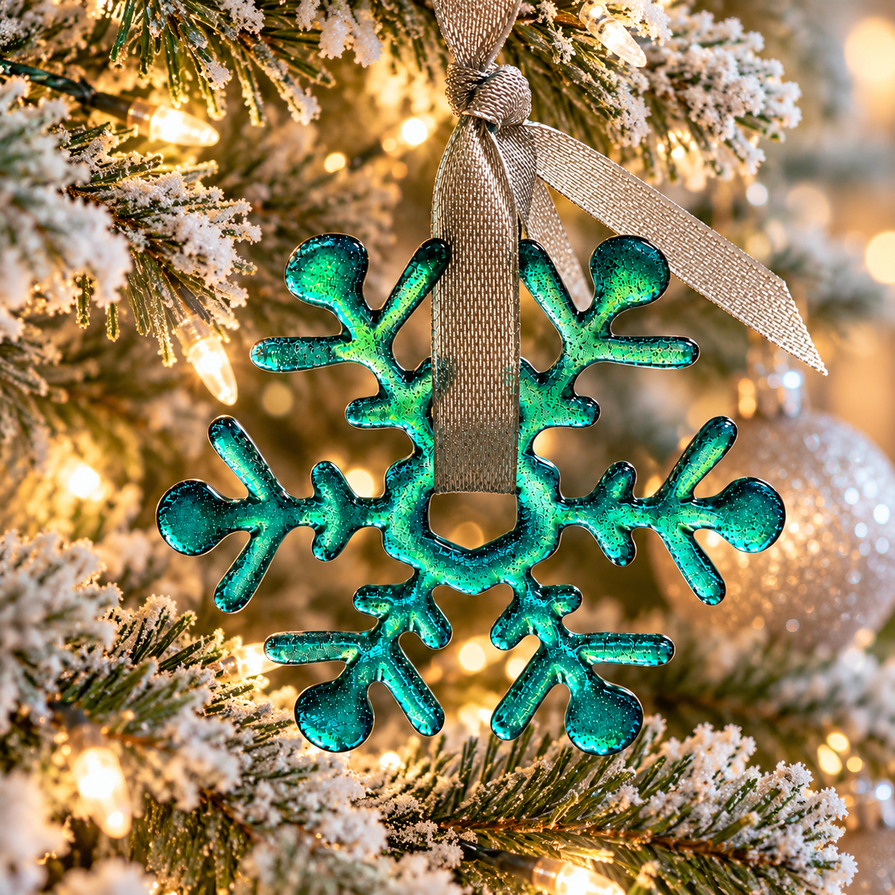 Handmade teal glass snowflake ornament displayed as a winter window hanging and seasonal decoration.
