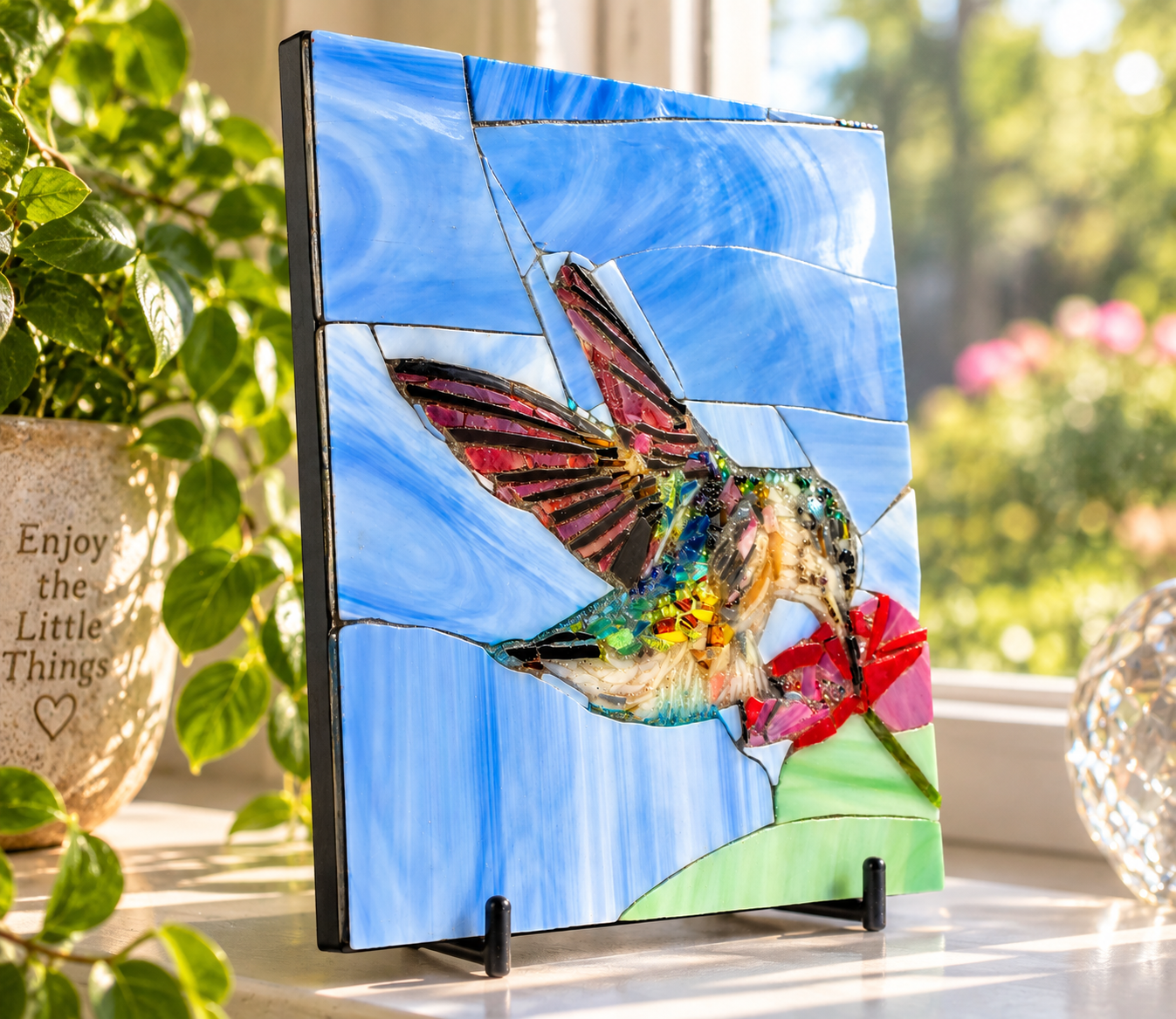 Handmade hummingbird glass mosaic art displayed near a sunlit window with natural light highlighting the colorful glass