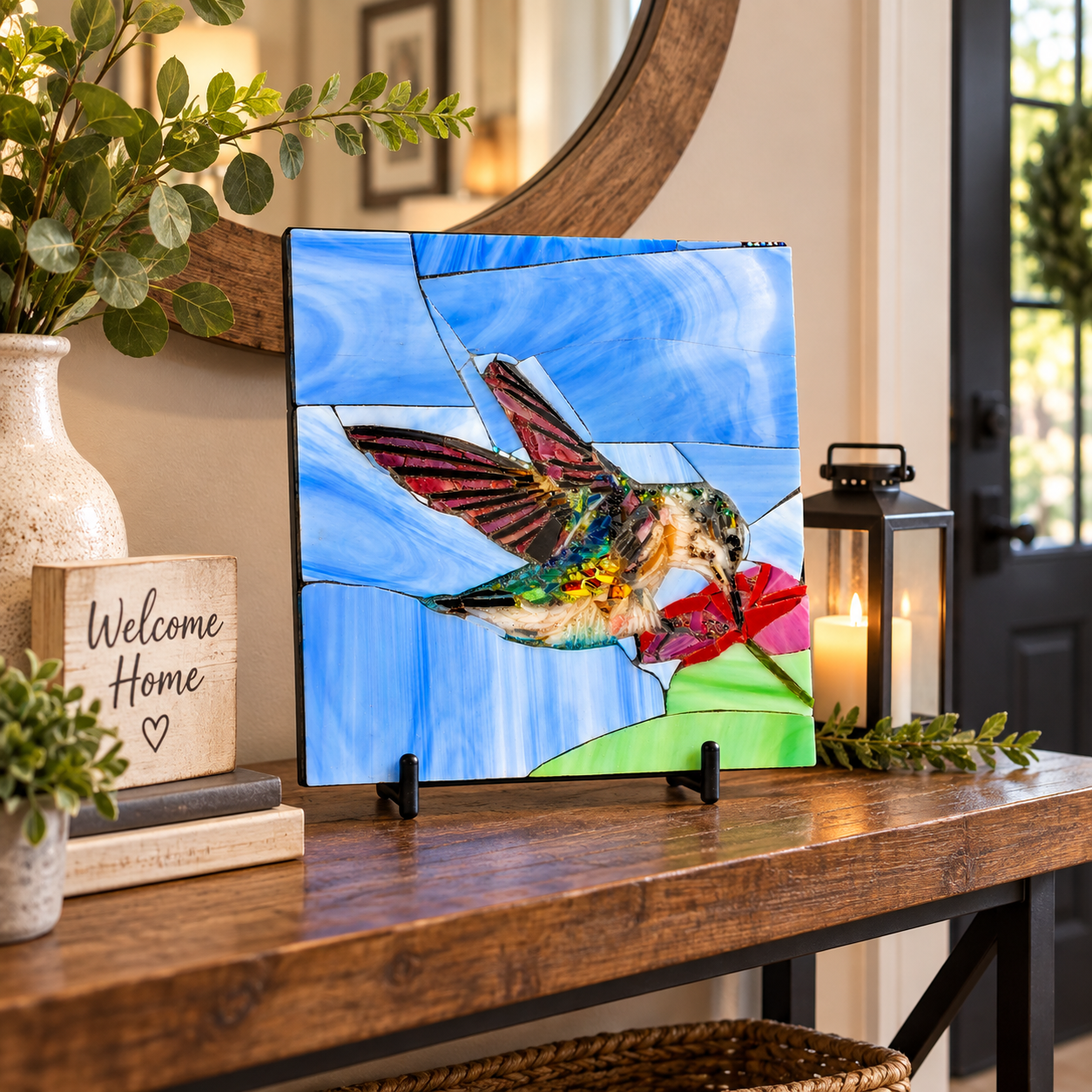 Hummingbird stained glass mosaic displayed on a living room bookshelf as colorful handmade bird home decor