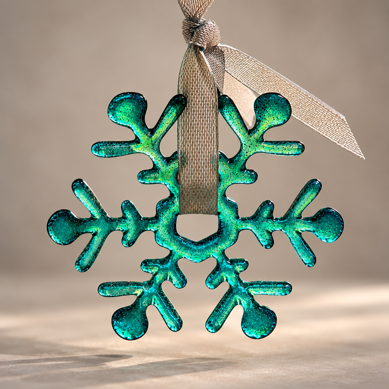 Handmade 4-inch teal fused glass snowflake ornament for Christmas tree decoration.
