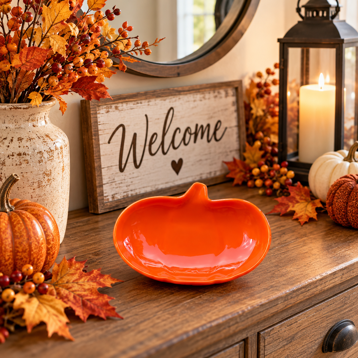 Handmade glass pumpkin dish displayed with Thanksgiving table decorations