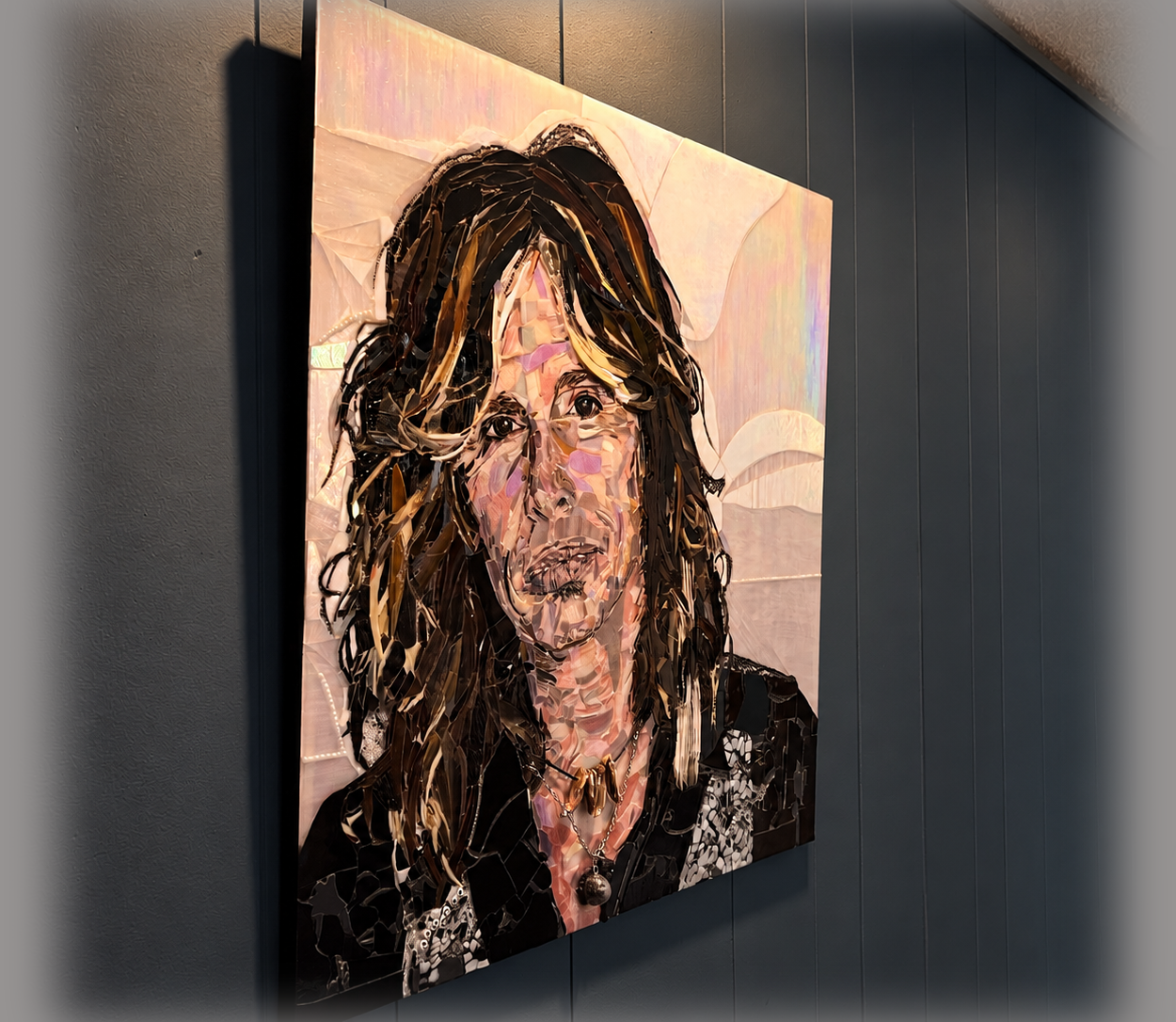 andmade Steven Tyler Aerosmith fused glass portrait featuring detailed multicolor glass, dark hair, and an iridescent background