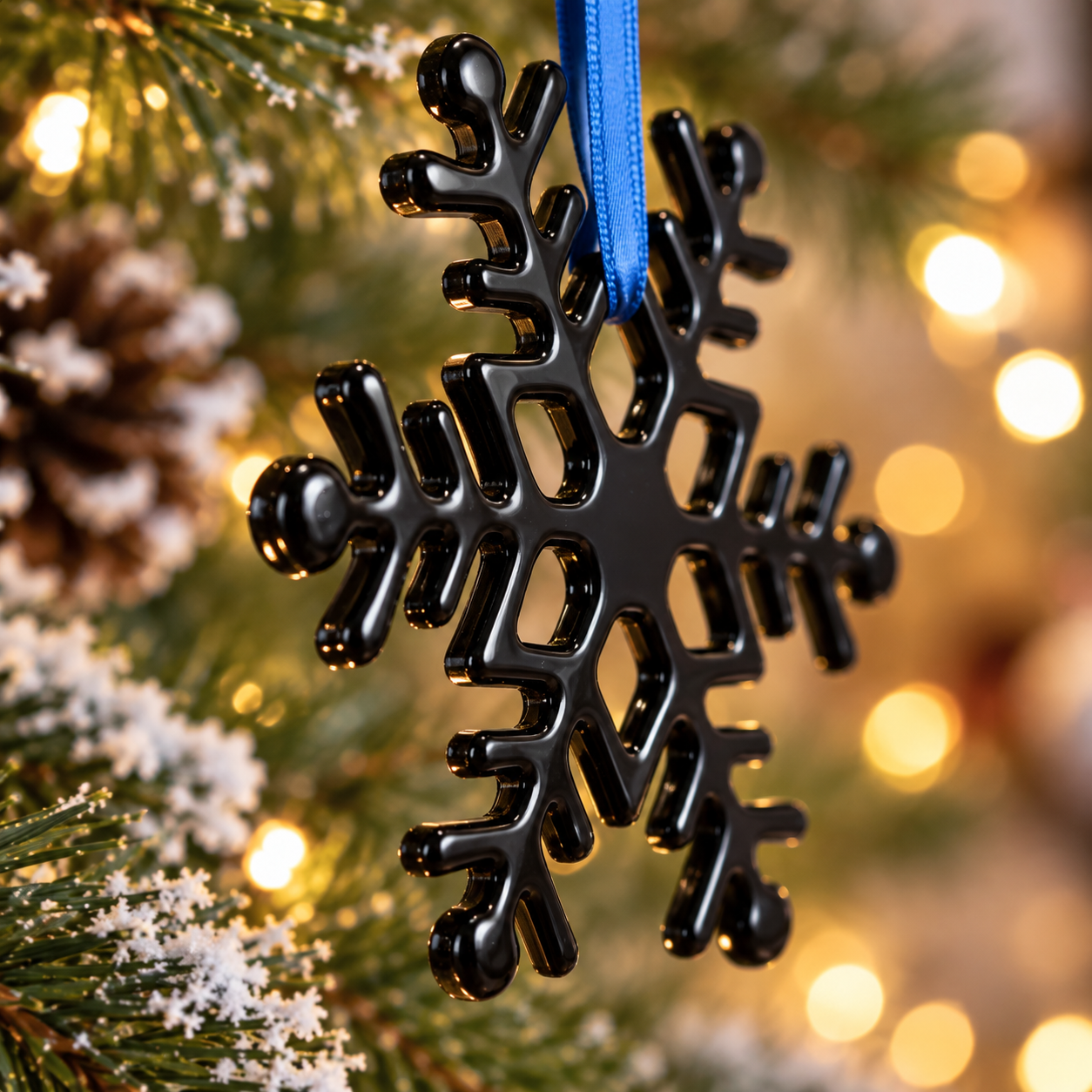 Handmade black fused glass snowflake Christmas ornament with gothic desig