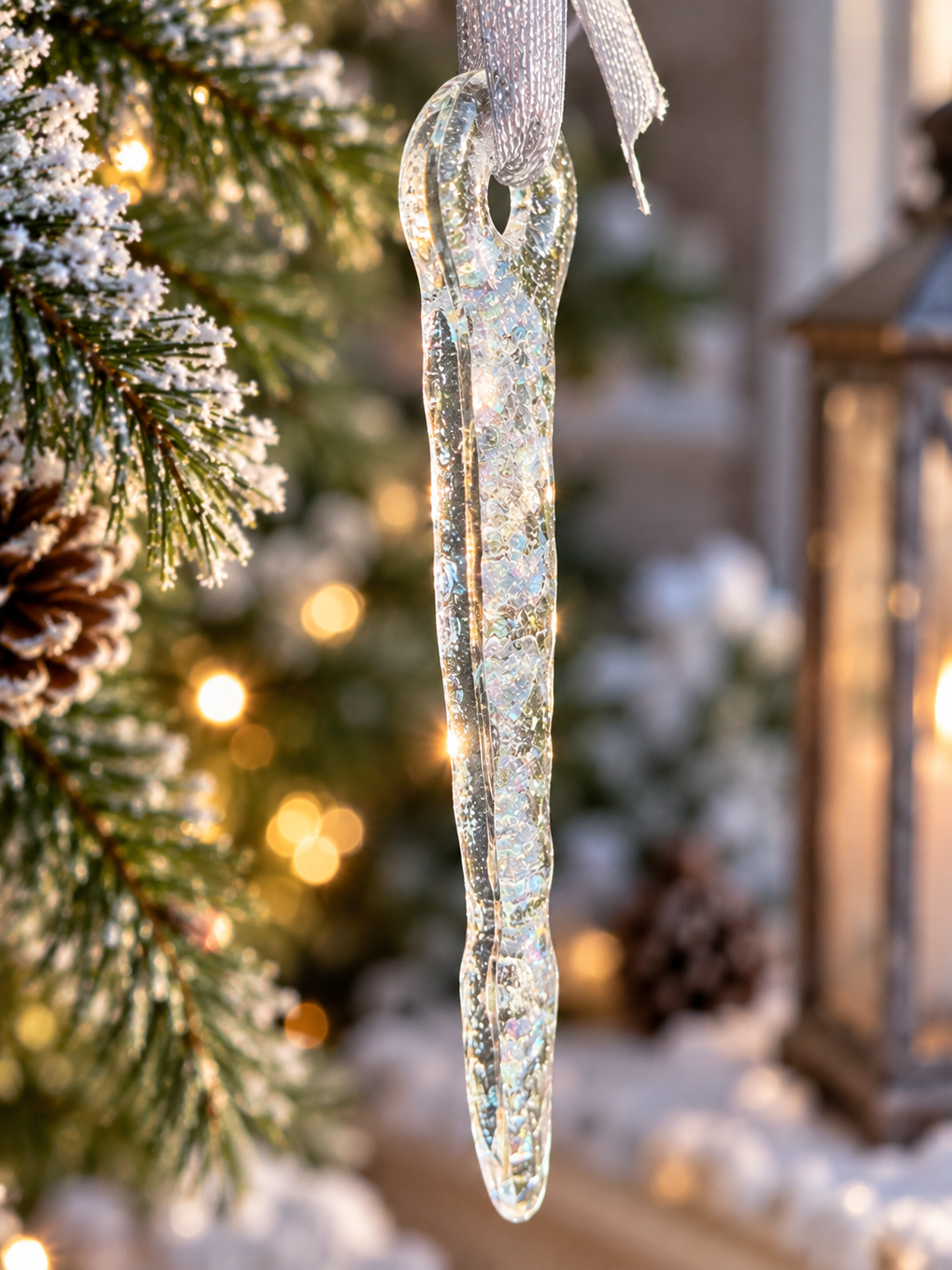 Handmade iridescent fused glass icicle Christmas ornament hanging on a Christmas tree