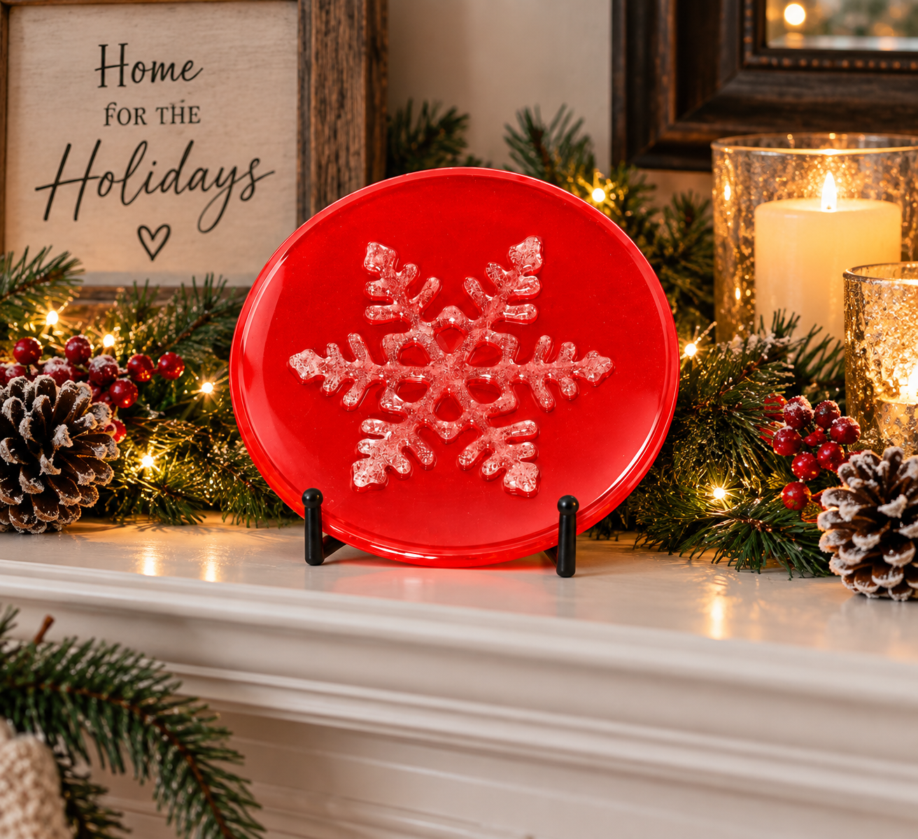 Handmade red fused glass Christmas candy dish with white snowflake design