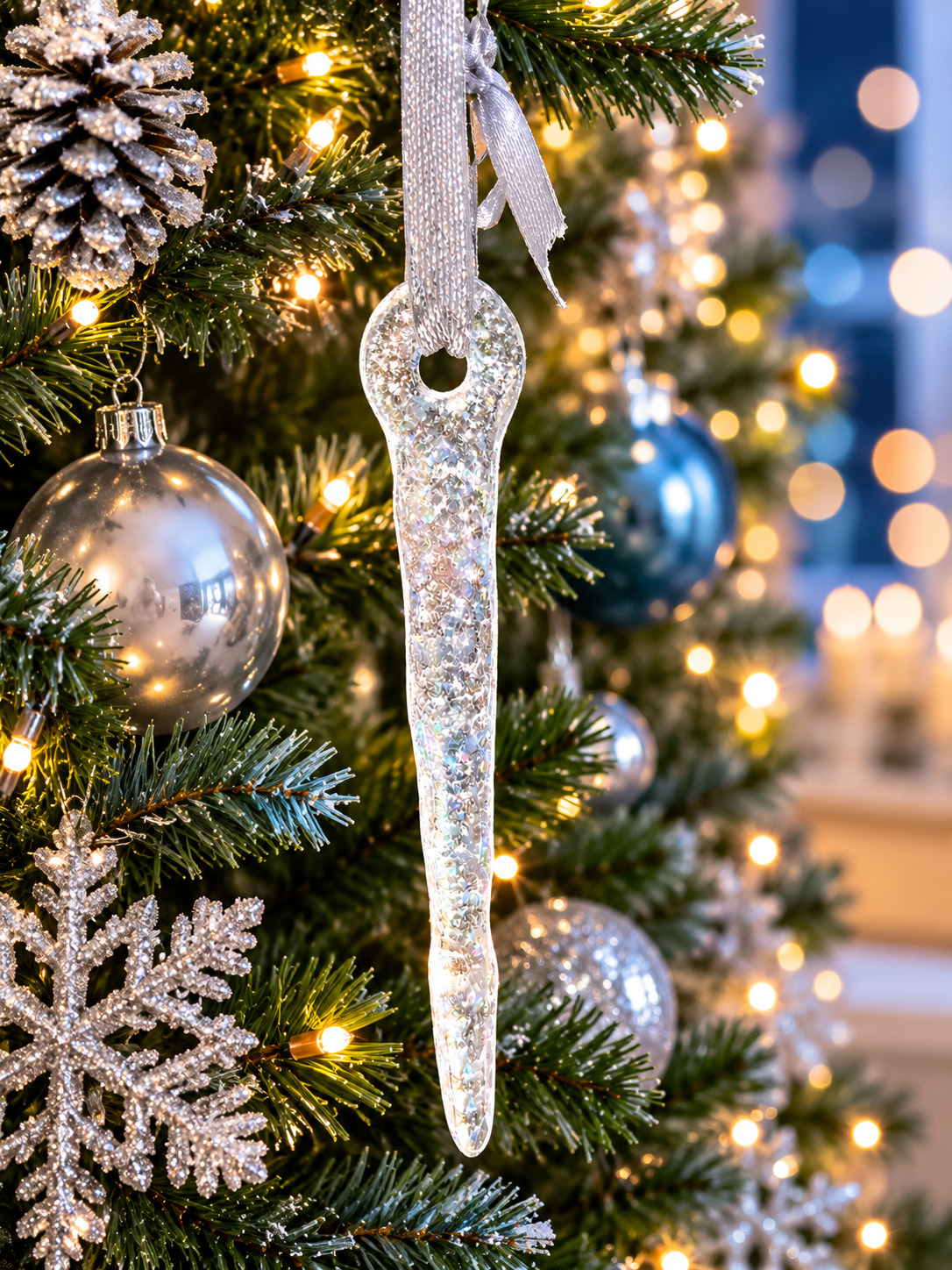 Handmade iridescent fused glass icicle Christmas ornament hanging on a Christmas tree