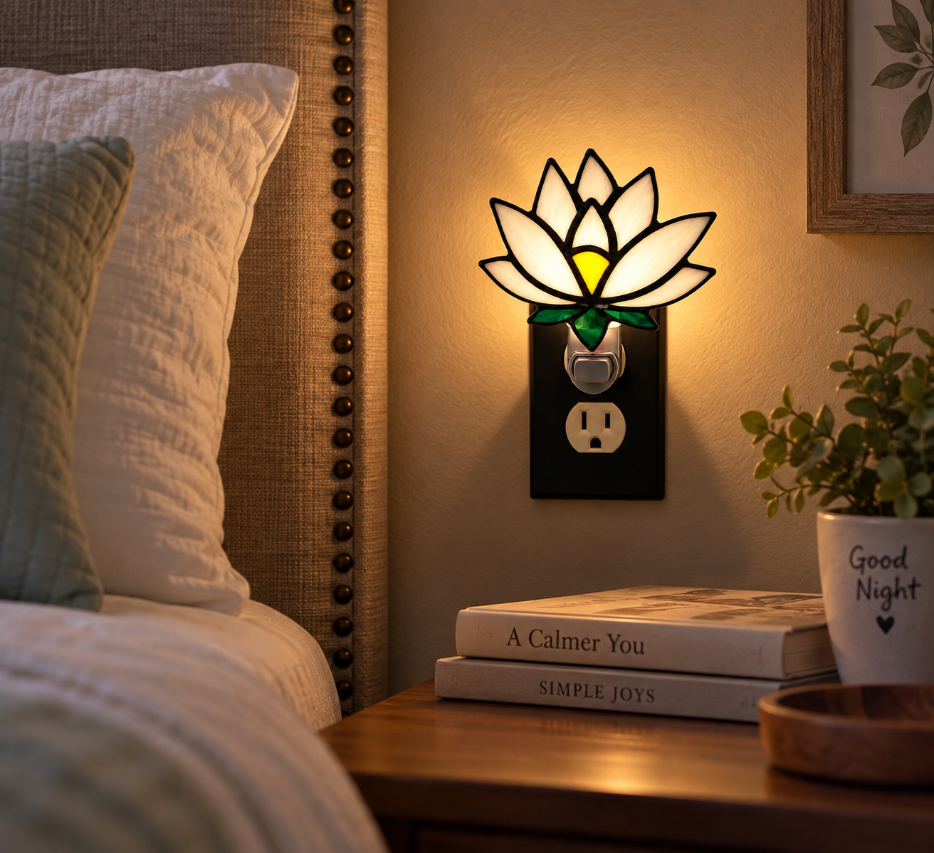Handmade lotus stained glass night light glowing beside a bedroom nightstand
