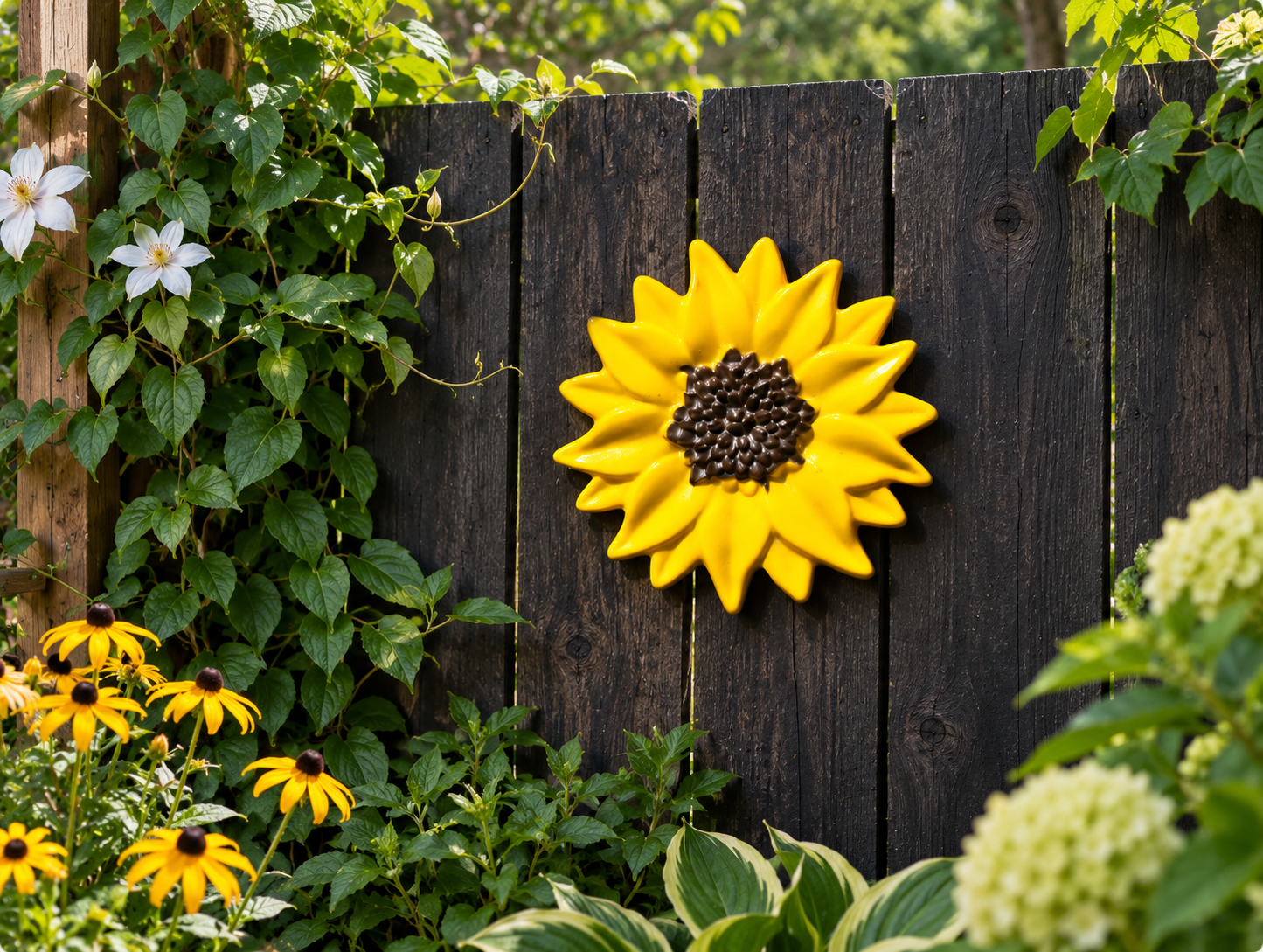 Handmade yellow fused glass sunflower wall art with textured brown center displayed on a dark exterior wall