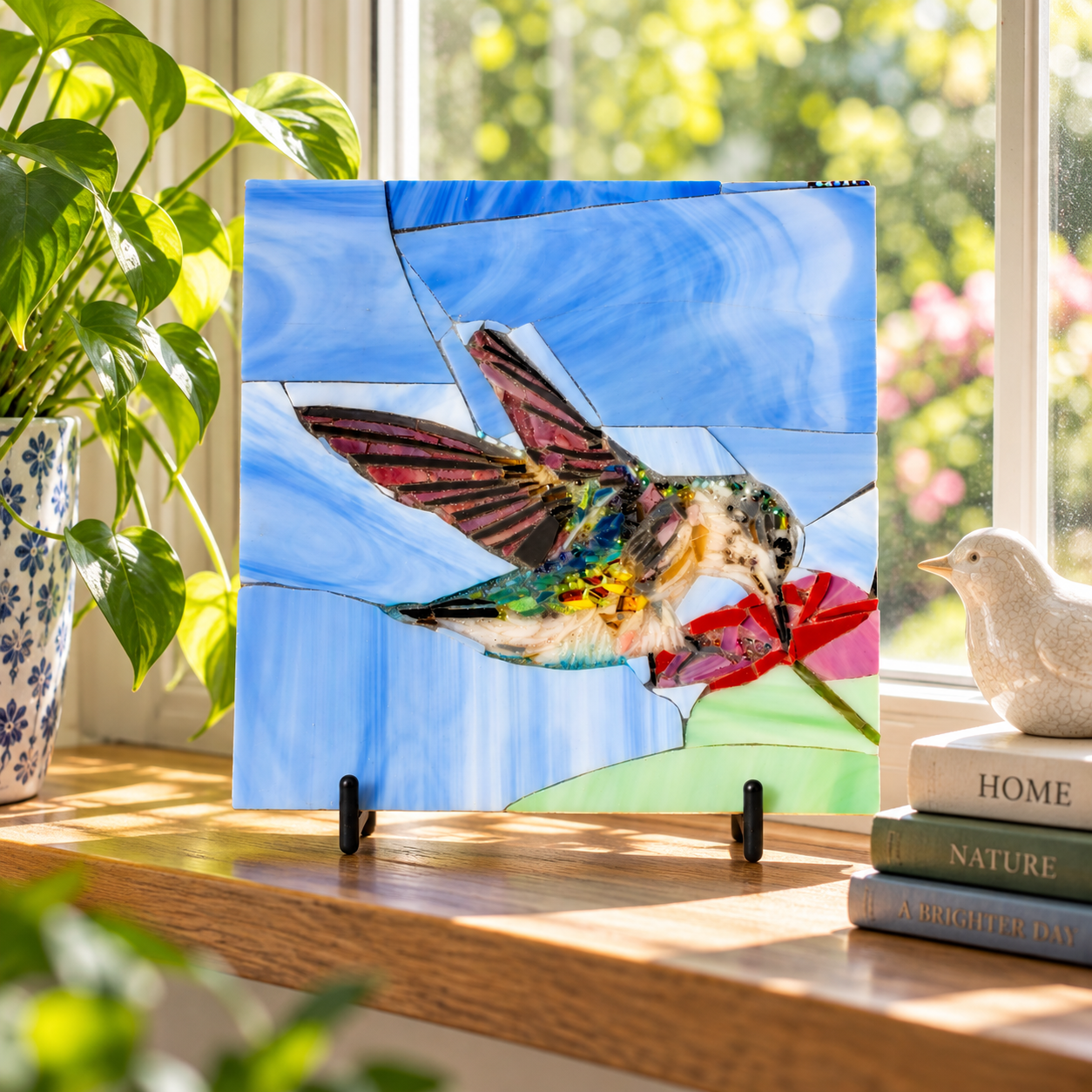 Handmade hummingbird stained glass art with colorful glass details displayed on a stand