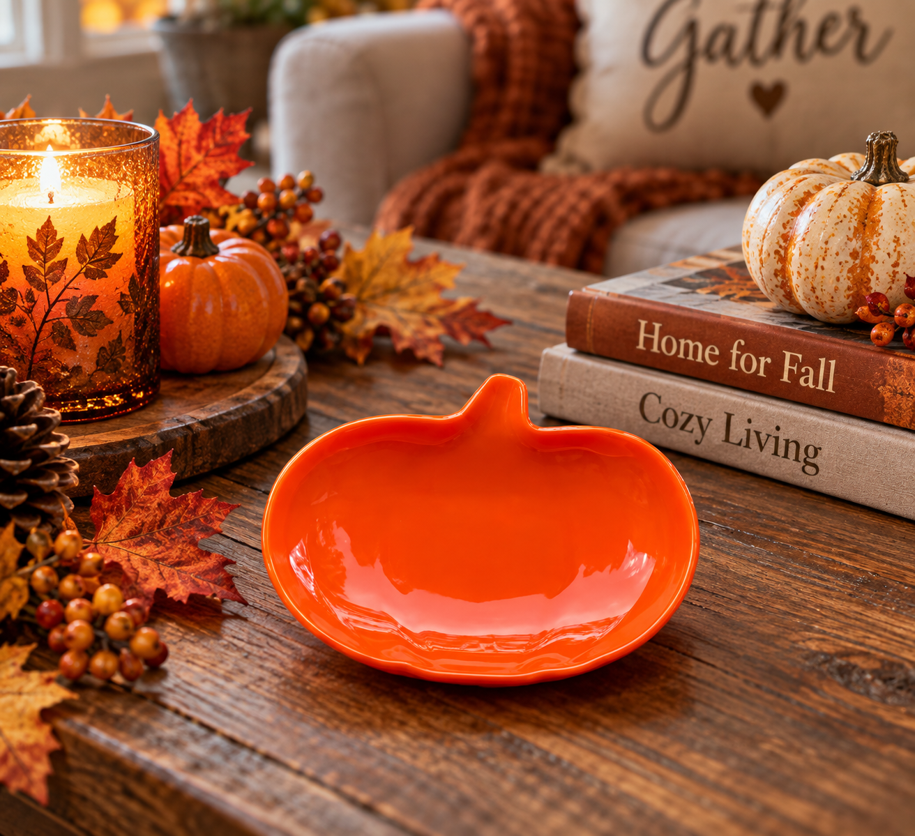 Artisan fused glass pumpkin dish presented as a thoughtful fall hostess gift