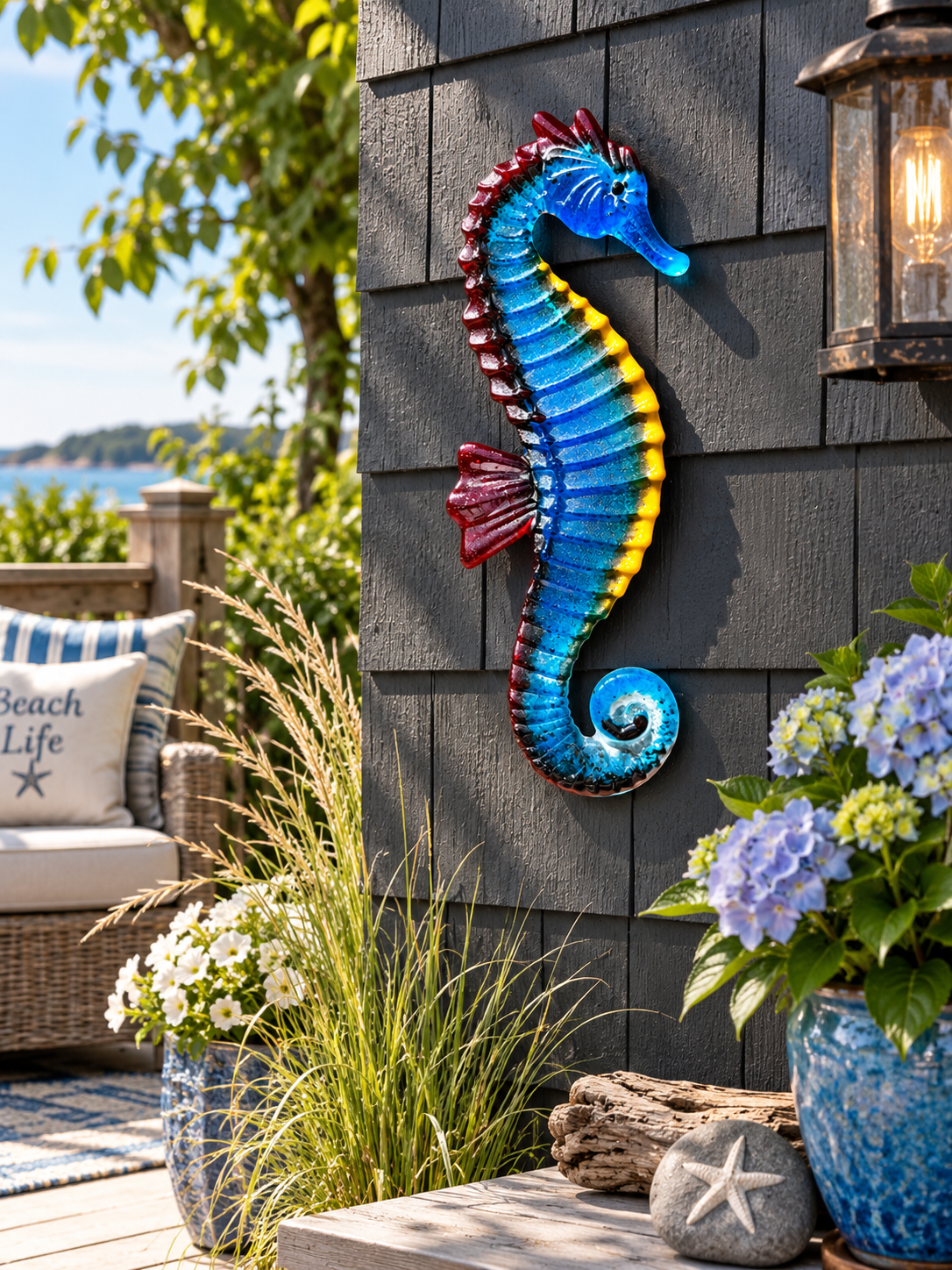 Handmade blue fused glass seahorse wall art with turquoise, yellow and red accents displayed on a dark exterior wall