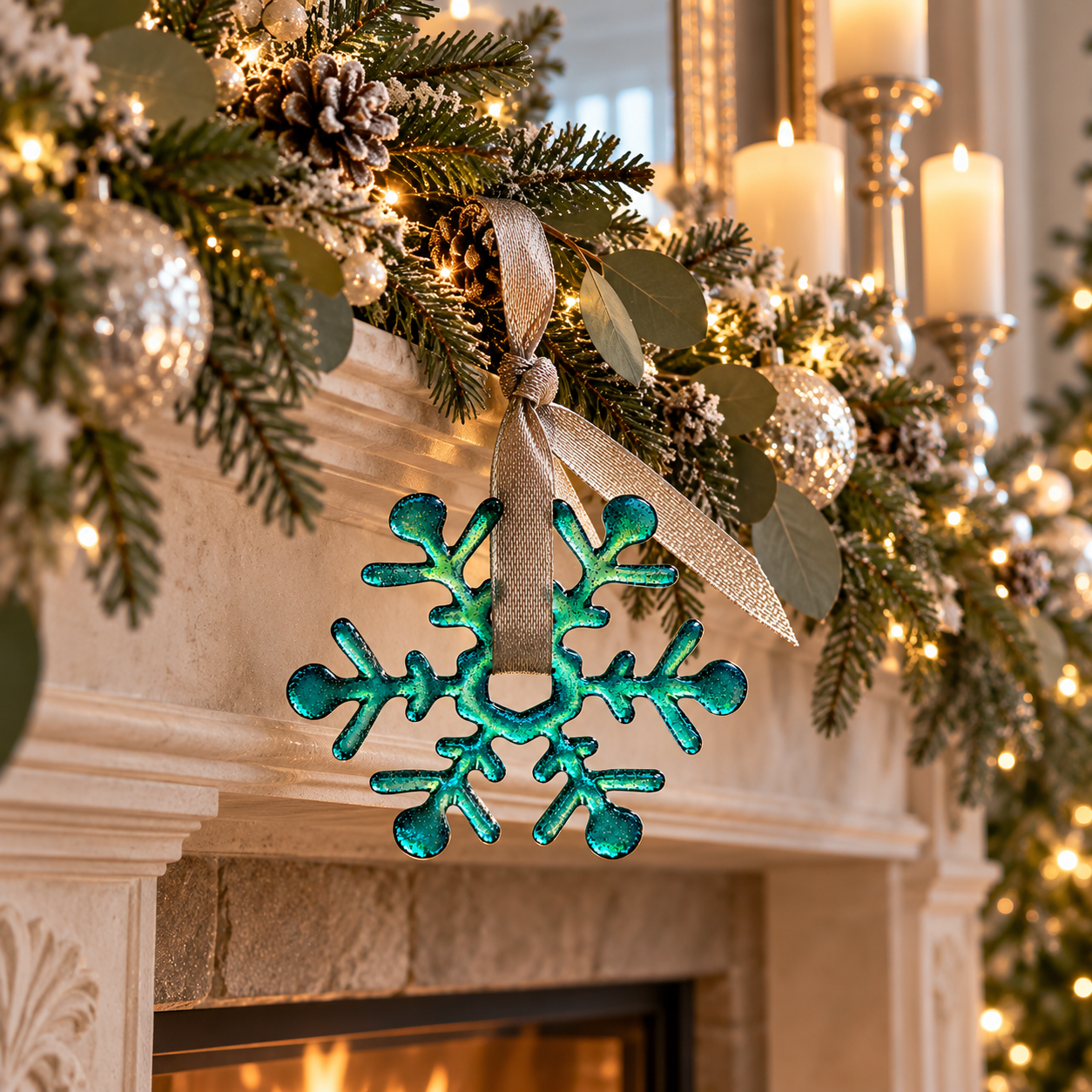 Teal handmade glass snowflake ornament hanging on a Christmas tree with festive holiday decorations.
