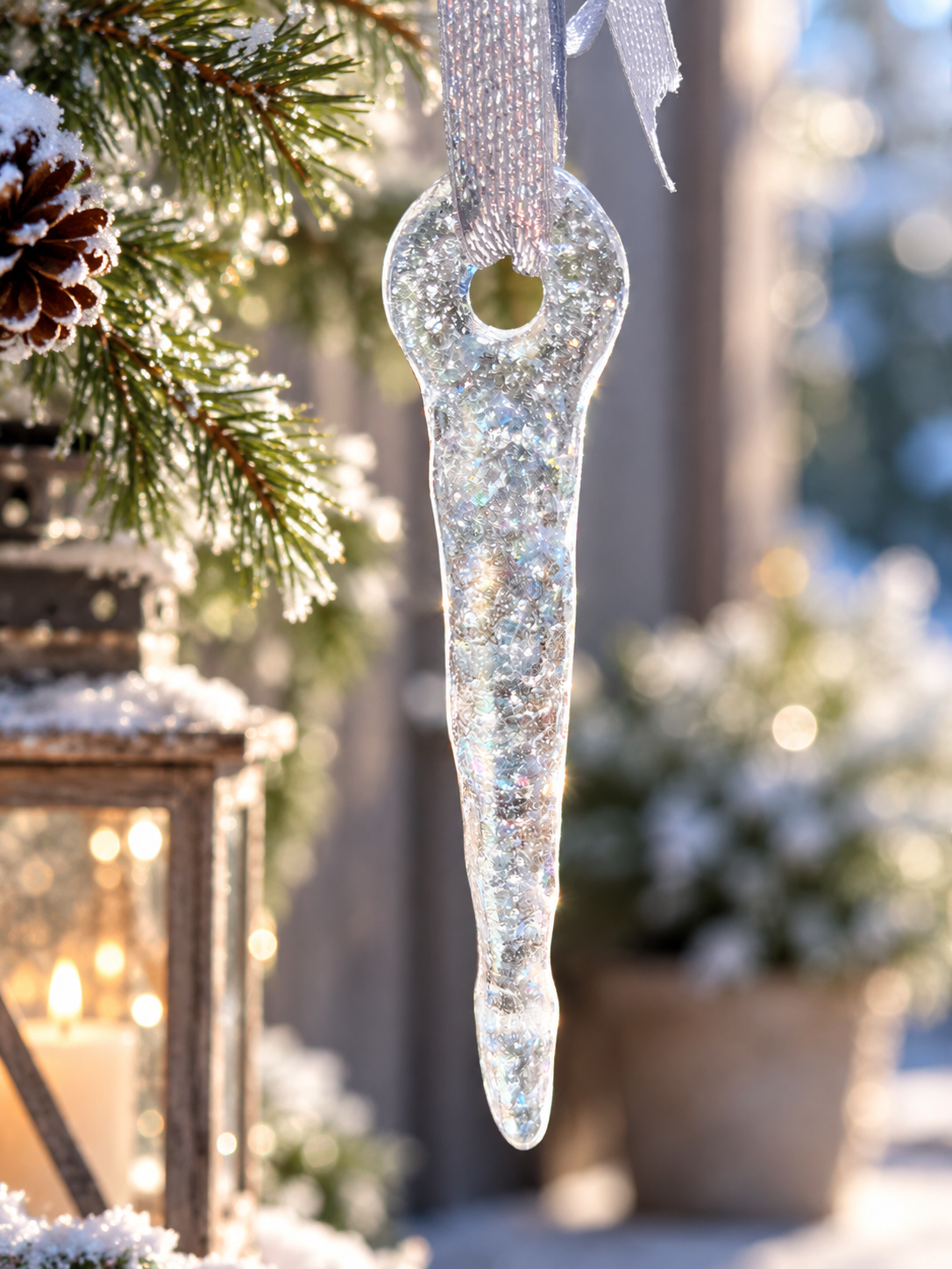 Handmade iridescent fused glass icicle Christmas ornament hanging on a Christmas tree