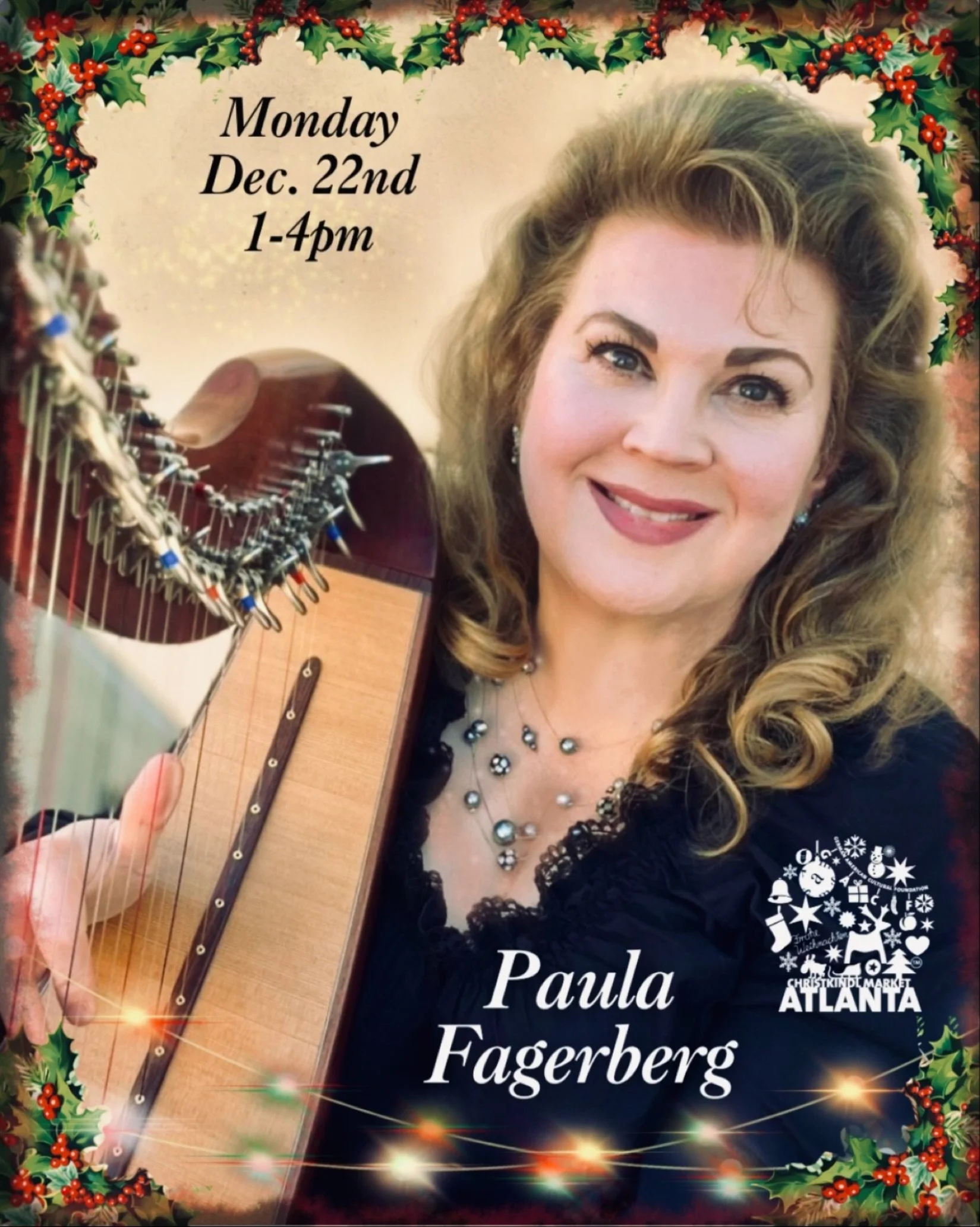 At Atlanta&rsquo;s Christkindl Market @atl_christkindl Monday Dec 22 🪉🎶➡️ Atlanta harpist Paula Fagerberg has toured and performed all over the world on various kinds of harps, from the big modern orchestral one to small historical ones. She&rsquo;