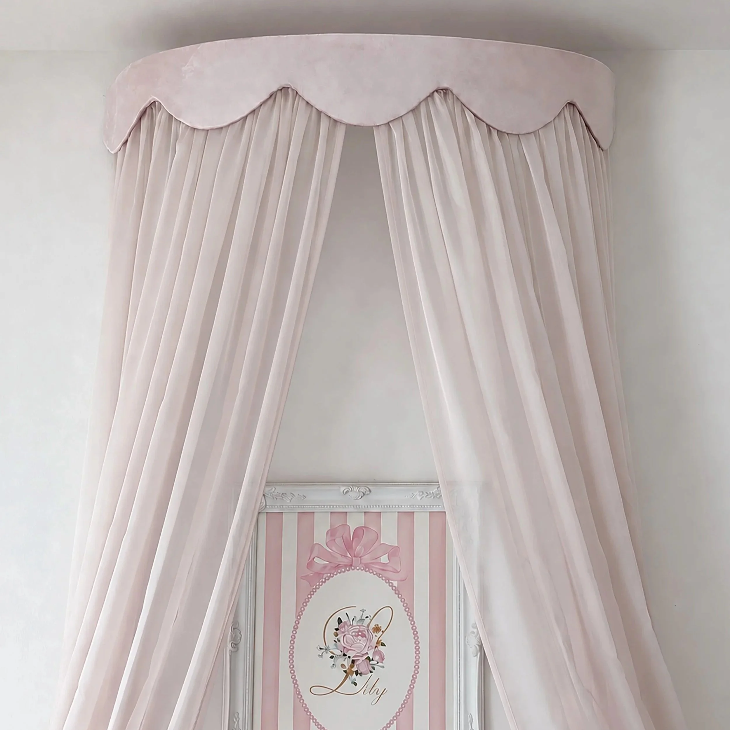 Pastel Dreams – Scalloped Velvet Bed Canopy with Sheer Curtains, Custom Colors