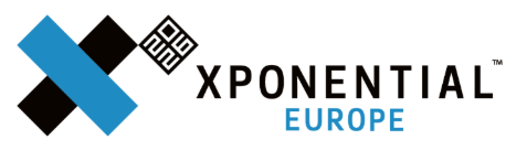 Logo of Xponential Europe with black and blue geometric shapes and text.