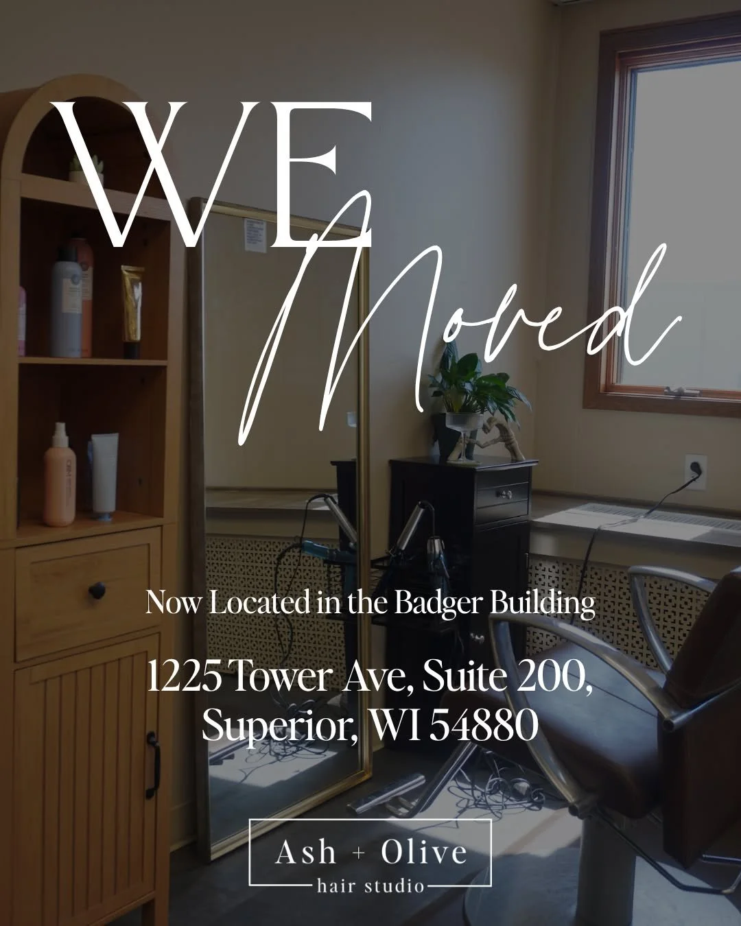WE MOVED! ✨

New space, same Ash + Olive you know and love. 🤎

We&rsquo;re now located at 225 Tower Ave, Suite 200 in Superior, WI! If you&rsquo;re coming in for your next appointment, here&rsquo;s a little guide to help you find us.

Save this post