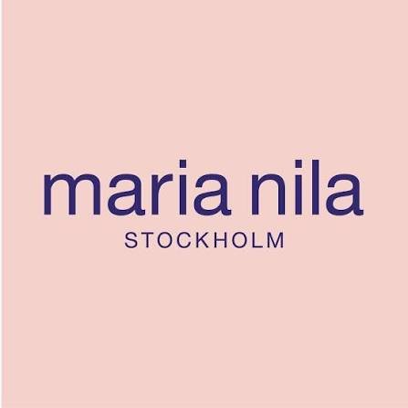 Logo for Maria Nila, a hair care brand, with pink background and purple text saying 'maria nila STOCKHOLM'.