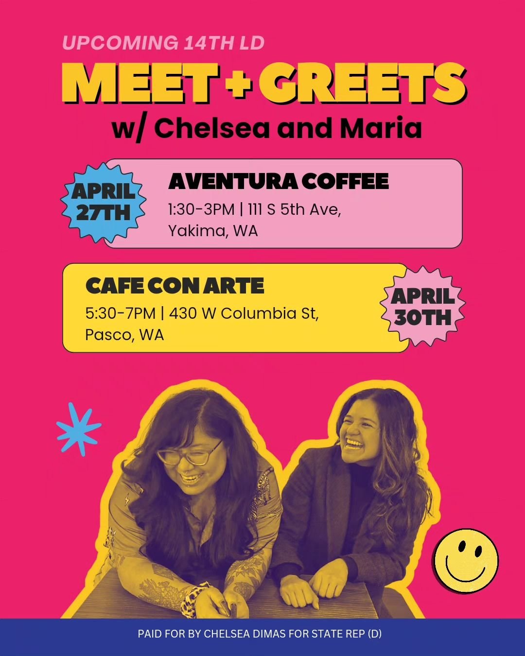 EVENT ALERT‼️ Ayyyy, your favorite duo is back at it again with more Meet + Greets! This time, we're stopping in Yakima and Pasco! Here are the deets:

✨️Saturday, April 27th | 1:30-3pm at Aventura Coffee in Yakima
✨️Tuesday, April 30th | 5:30-7pm at