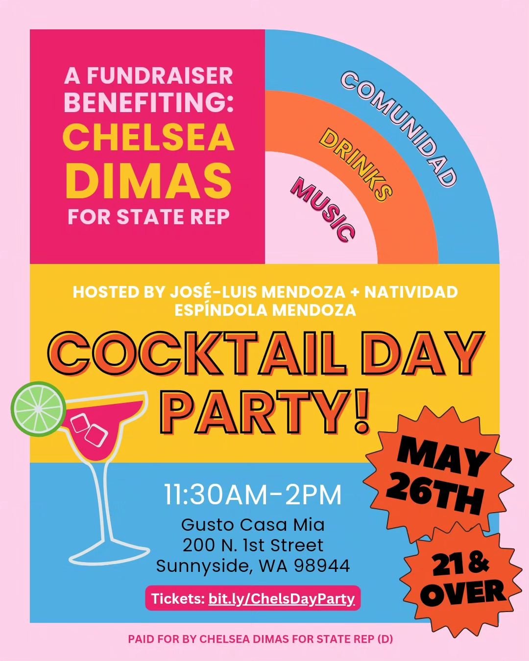 Okayyyy mi gente..estan listos for some sun, music, drinks, y comunidad?! 🍹😎☀️ welll say less and join us at our Cocktail Day Party in support of Chelsea Dimas for State Rep!

This event is being hosted by Sunnyside residents and family friends, Jo