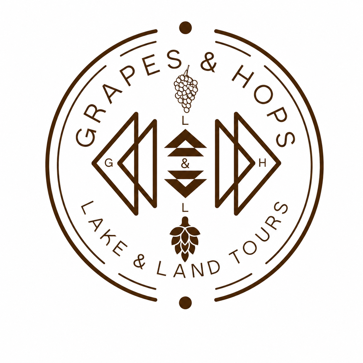 A circular logo with text 'Grapes & Hops Lake & Land Tours' surrounding a geometric design with grape and hop illustrations.
