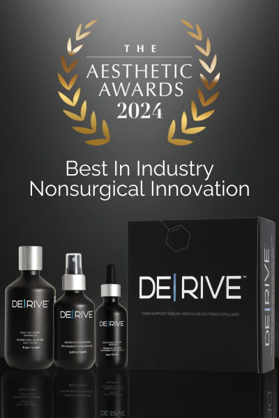 Award announcement for the 2024 Aesthetic Awards, Best in Industry Non-surgical Innovation, featuring skincare products and a box labeled 'DE|RIVE'.