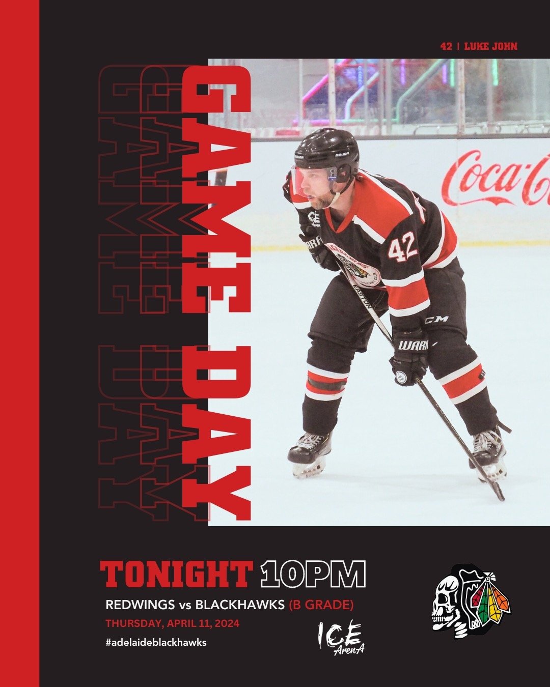 IT&rsquo;S GAME DAY! B Grade - Game 3. Late night game night! We will see you there at 10pm for the @adelaide.redwings and @blackhawks_adelaide B Grade game 🏒❤️🖤