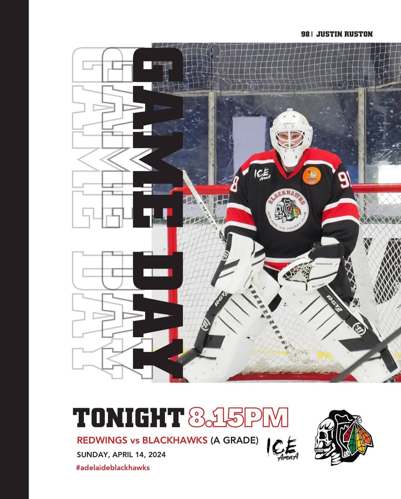 IT&rsquo;S GAME DAY! A Grade @blackhawks_adelaide go head to head with @adelaide.redwings tonight at the @icearena.adelaide 🏒🔥 See you there! 🖤&hearts;️
