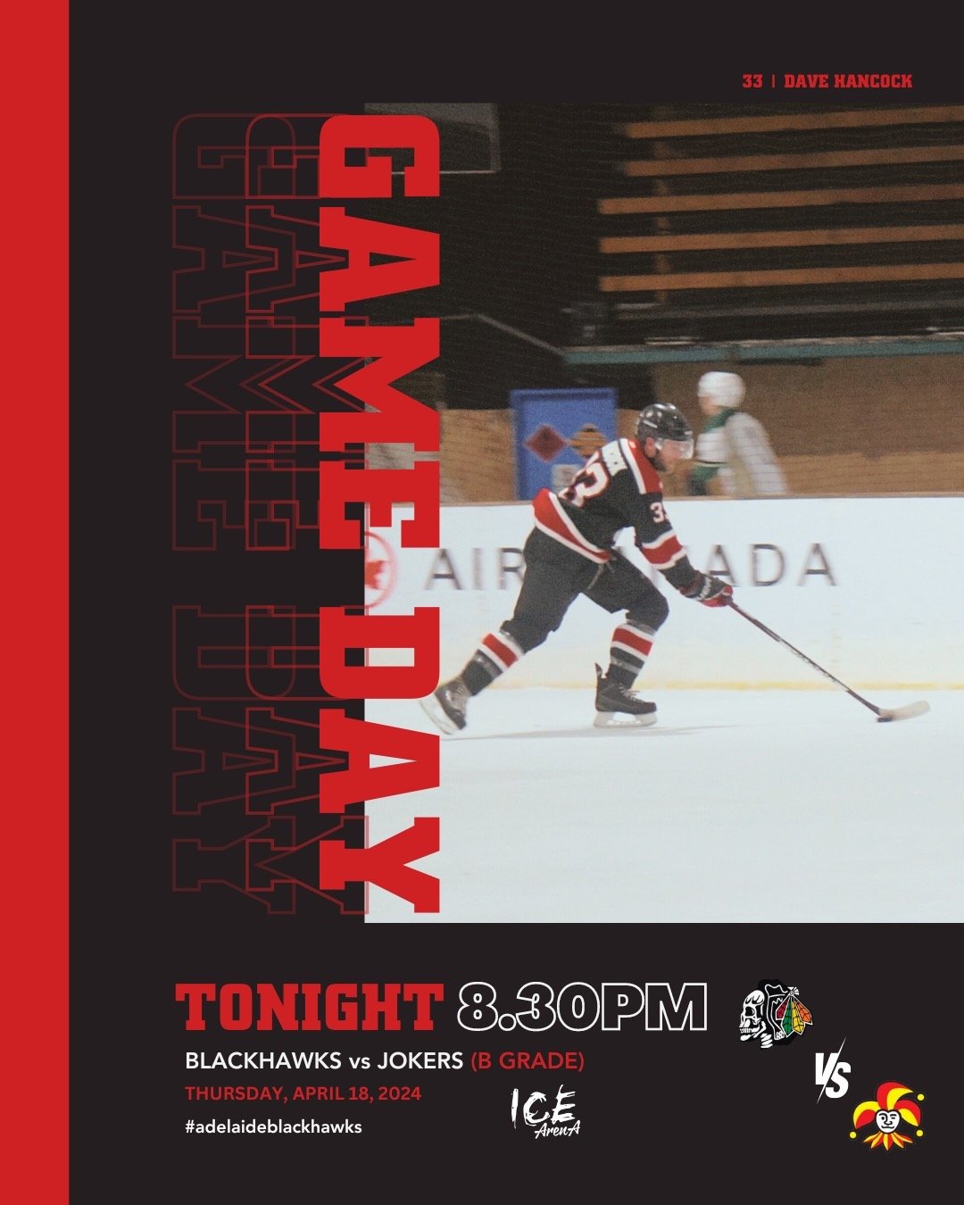 IT'S GAME DAY! 🏒 B Grade @blackhawks_adelaide VS @adelaidejokers tonight at the @icearena.adelaide! See you there ❤️🖤