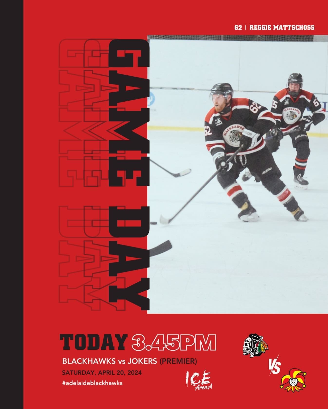 IT&rsquo;S GAME DAY! Premier @blackhawks_adelaide VS @adelaidejokers today at the @icearena.adelaide! Come out to support the team! ❤️🖤