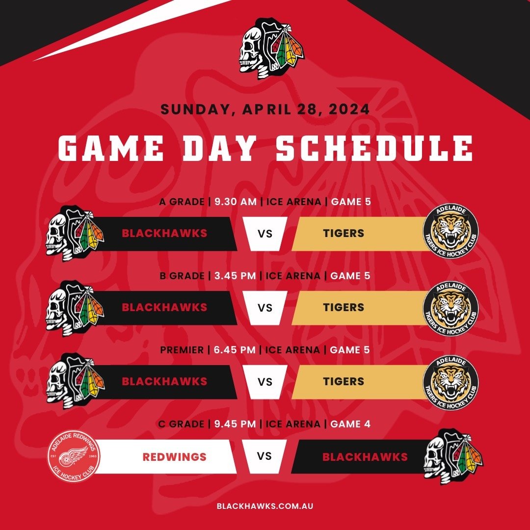 Today is the ultimate Game Day for the Blackhawks! ❤️🖤We're living at the @icearena.adelaide today! @blackhawks_adelaide Premier, A Grade and B Grade clash with the @tigersihsa and C Grade take on the @adelaide.redwings. We will see you there!