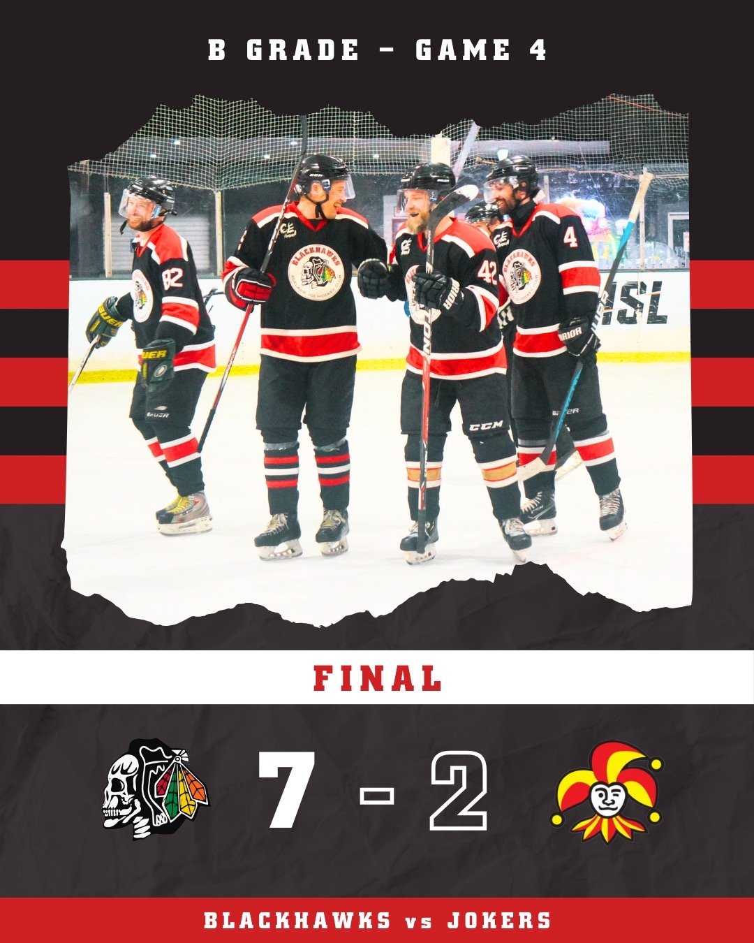 BLACKHAWKS vs JOKERS (B Grade) IHSA Winter League Game 4 &hearts;️7 - 2 💚 WIN! Shout to @oibrodiejulian on a hat-trick, Mark Page scoring 2 goals with @mbenharris and Josh Weber taking the team to final score of 7! 🔥Well played to all 👏