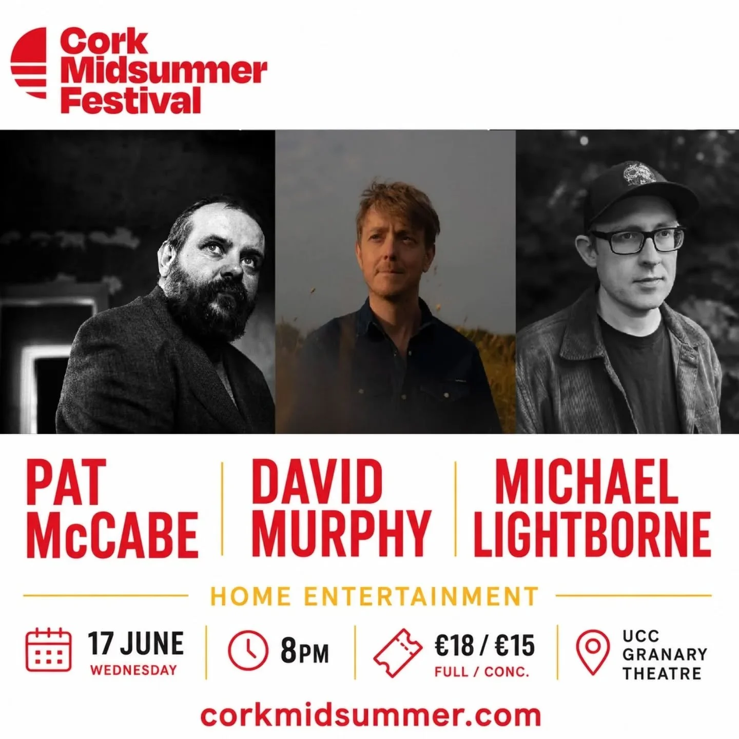 Back at @corkmidsummer Festival this June with Pat McCabe &amp; Michael Lightborne for a premiere of 'Home Entertainment'.

Wed 17th June | 8pm
UCC Granary Theatre
Tickets: &euro;18 / &euro;15 - Link in Bio

"Building on last year&rsquo;s sellou