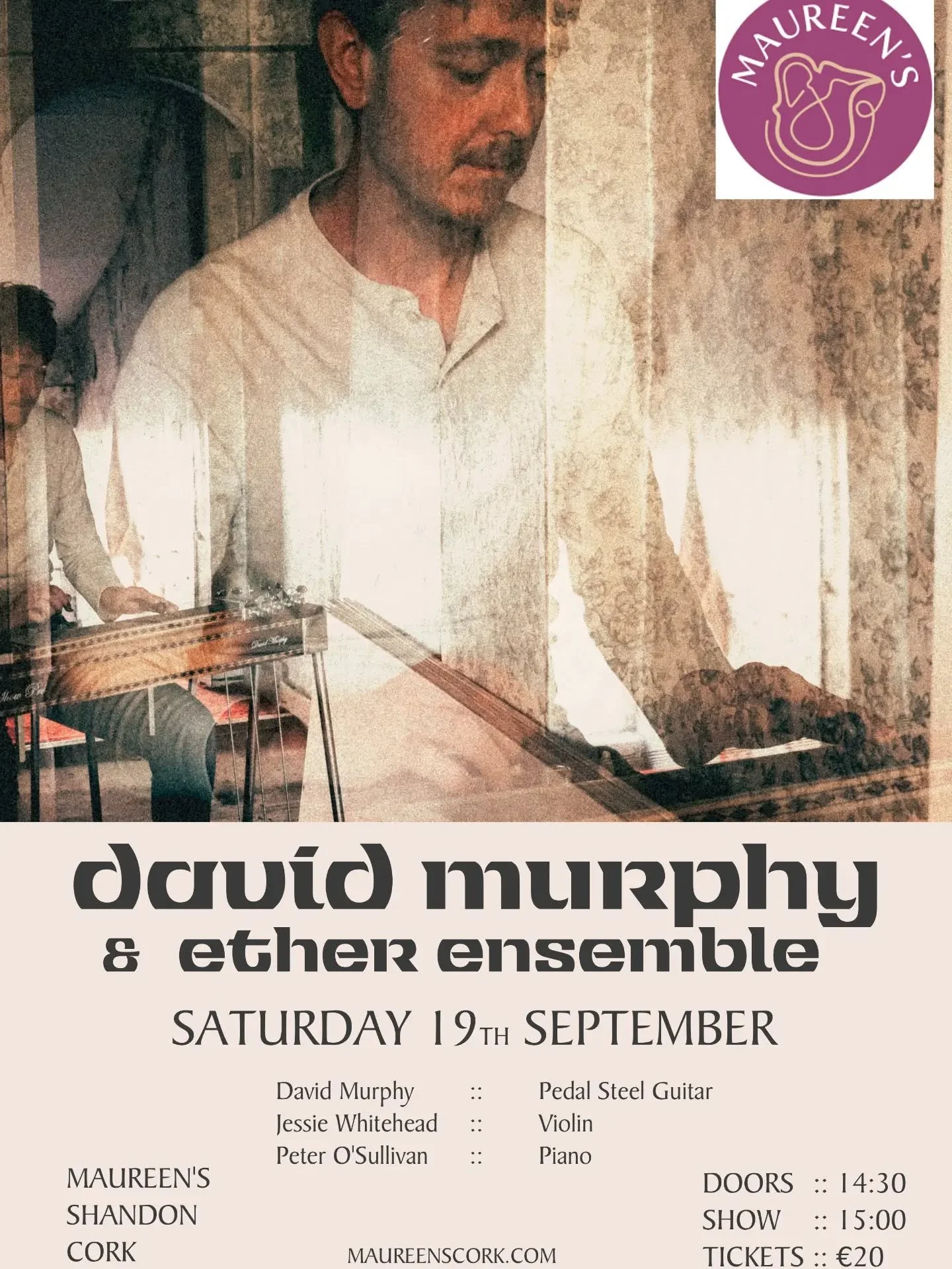 ** CORK ** Looking forward to a very cosy gig at @maureenscork on afternoon of Saturday 19th September (3pm), joined by Peter O'Sullivan on piano and Jessie Whitehead on violin.
Very limited tickets, available now at link in bio!

@jessiewhitehead_ 

