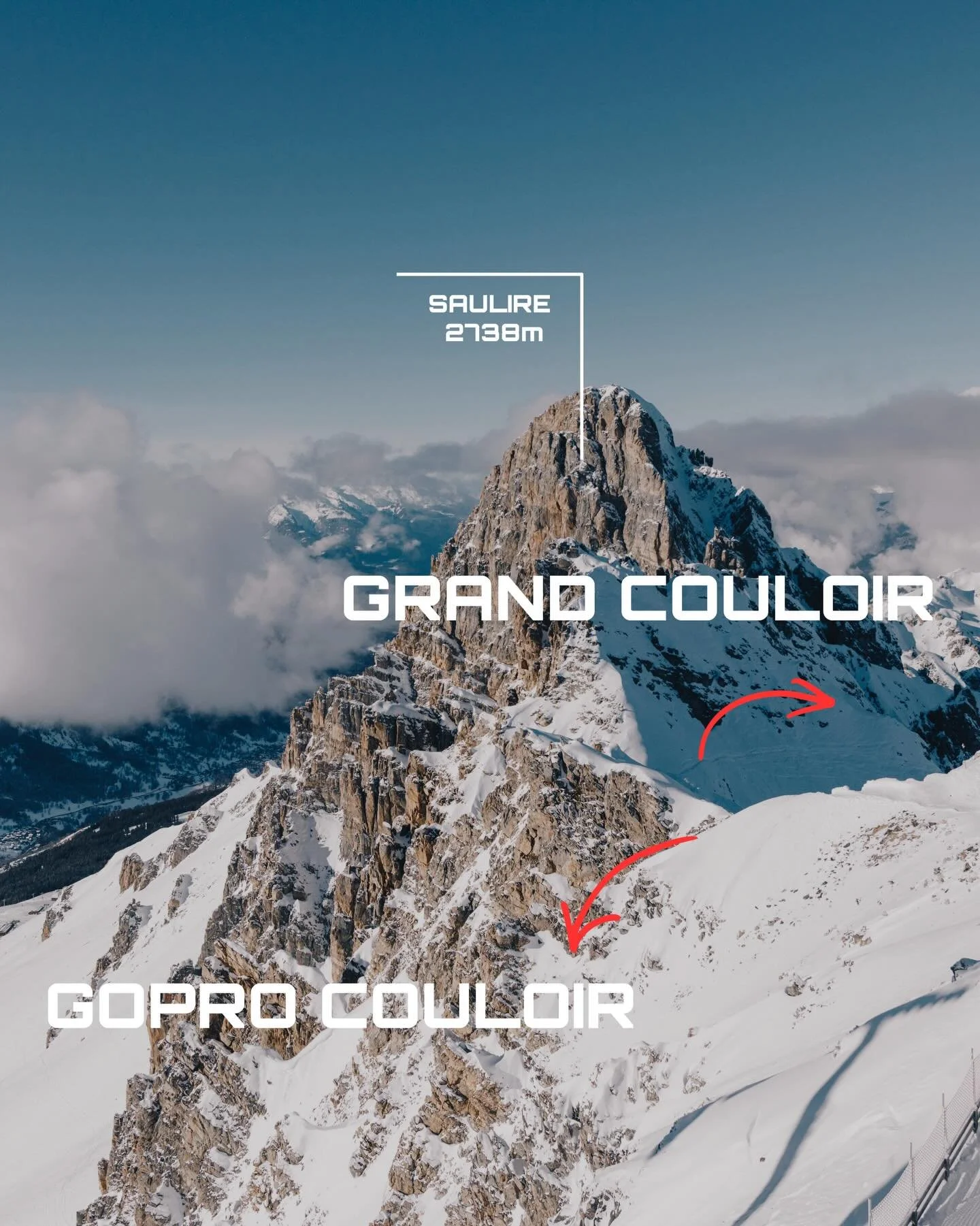 COULOIRS 1 &amp; 2

Experiencing Le Grande Couloir on a bluebird power day back in Jan was without a doubt one of my biggest highlights so far this year. 

At the summit of Saulire, you are met with a trio of couloir choices (which are normally fence