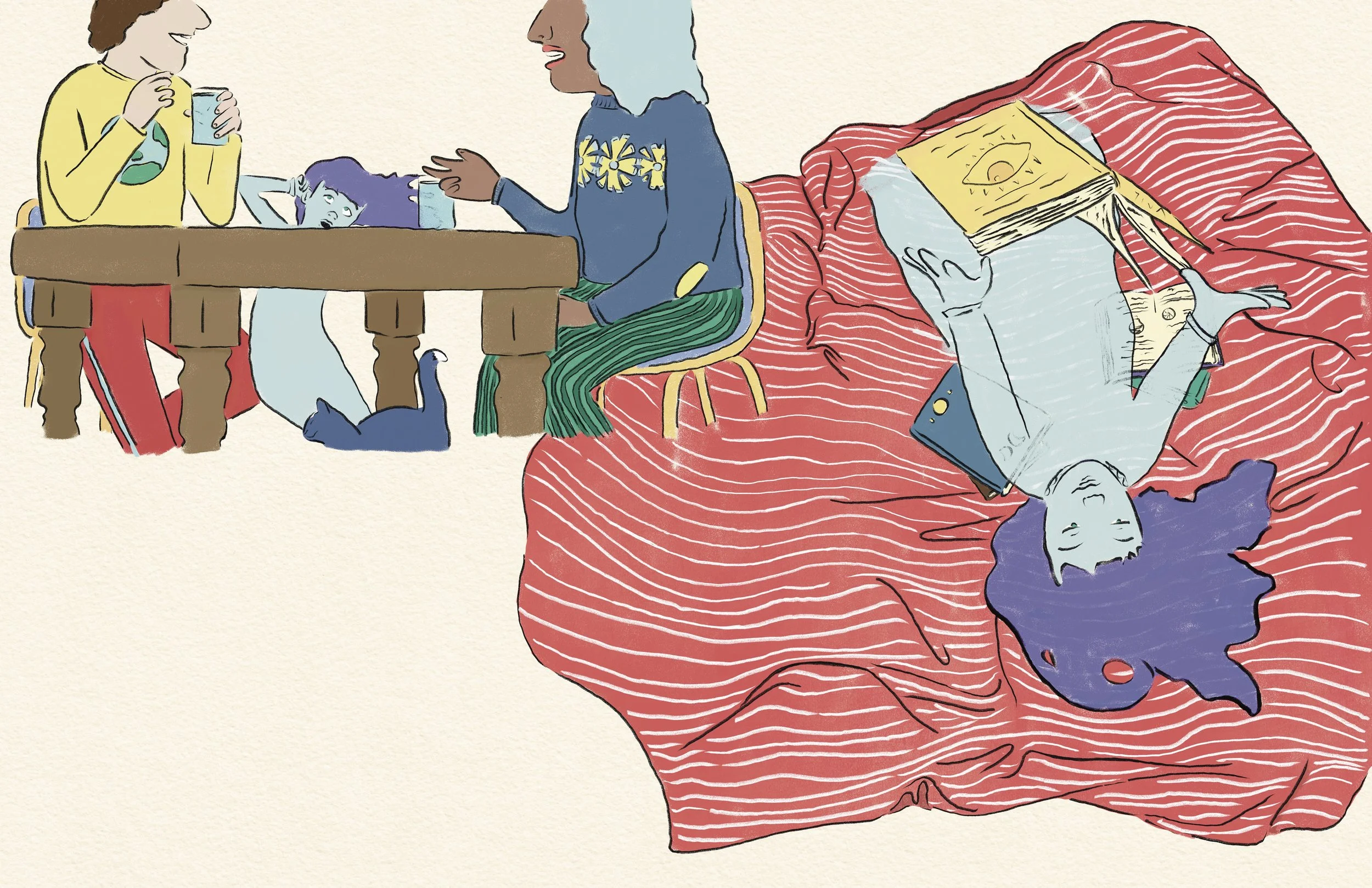 A ghost reads books and eavesdrops in a spooky picture book illustration