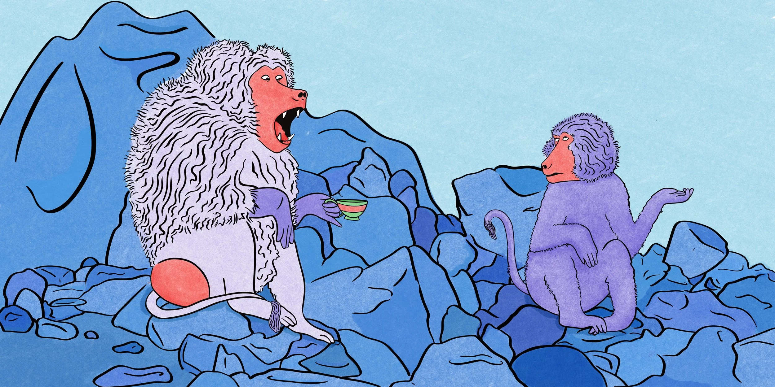 Illustration of baboons gossiping over tea