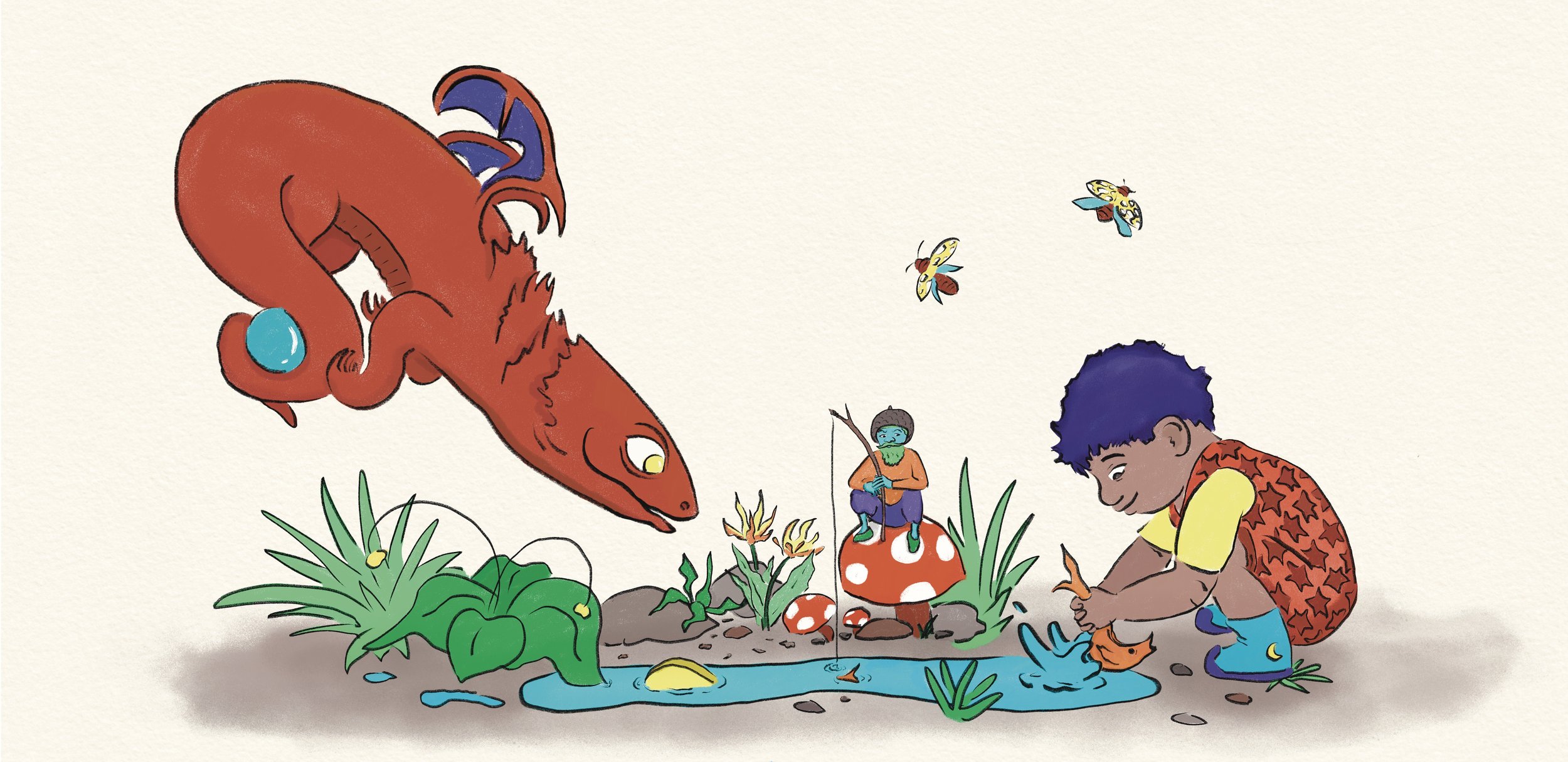Children's Illustration showing a dragon, a small woodland elf, and a boy fishing in a puddle