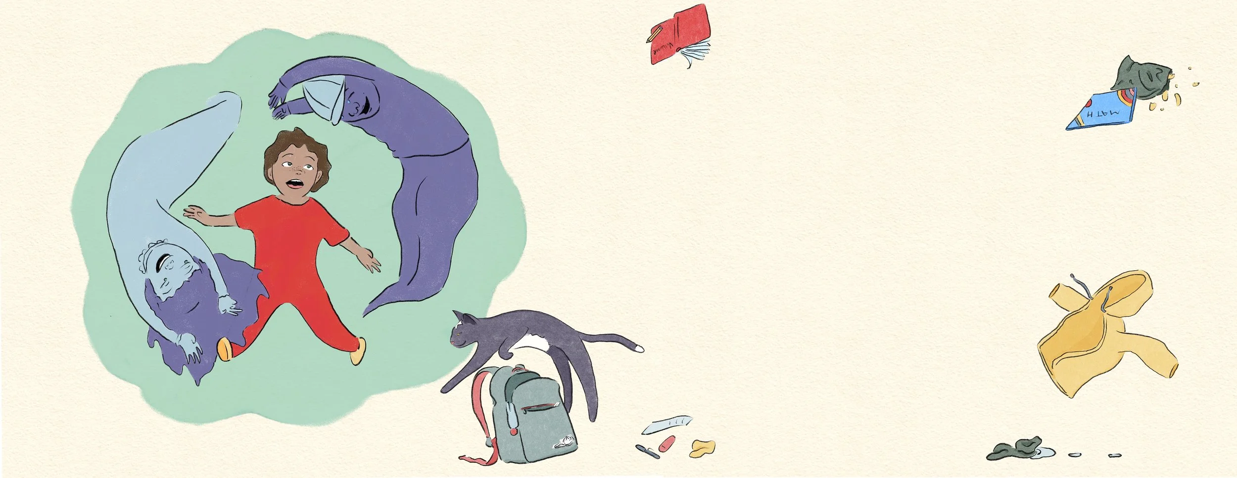 Spooky Picture Book Illustration with two ghosts playing with a human child