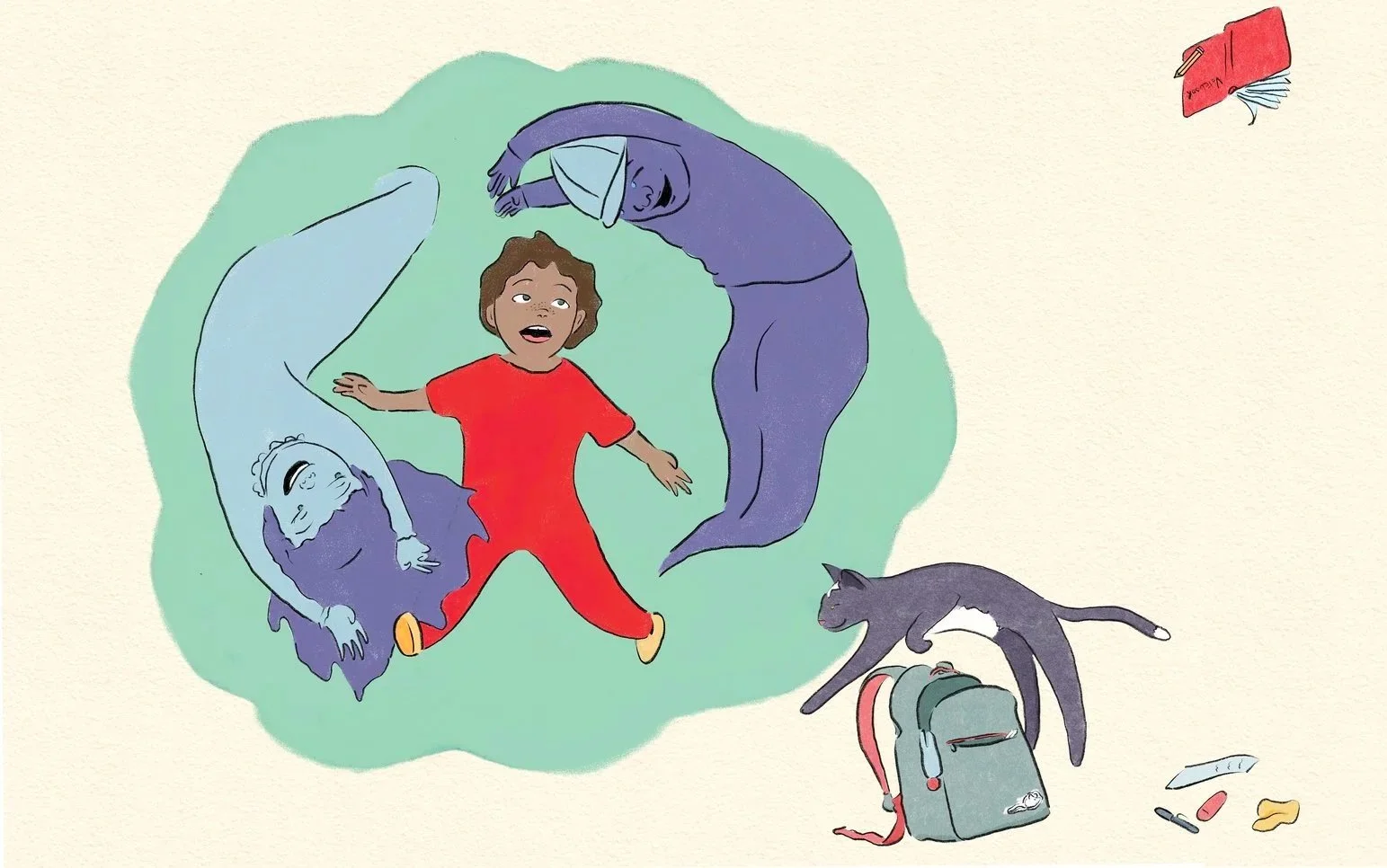 Two ghosts and a child playing in a picture book illustration