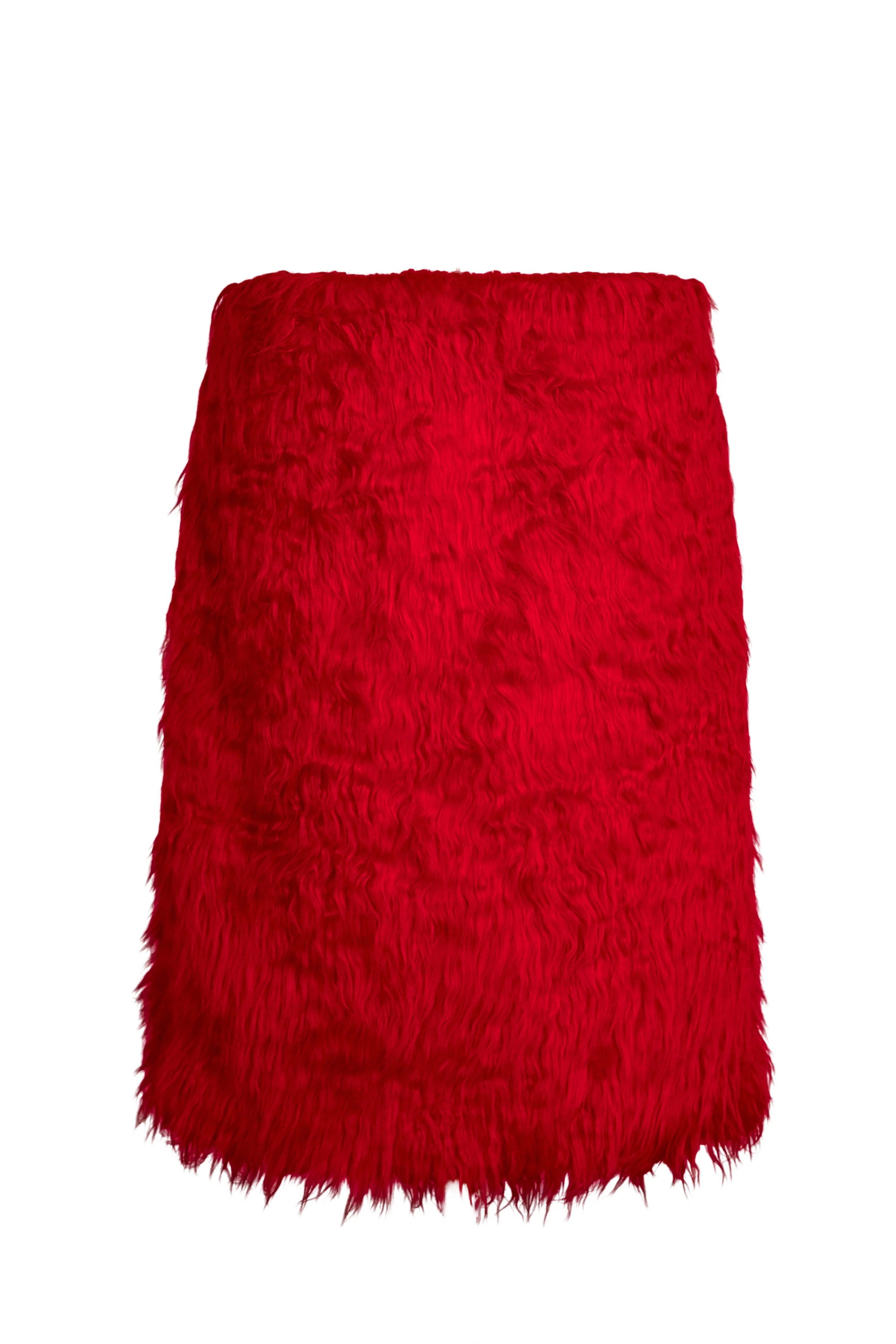 Red faux fur midi skirt front view, S/M — Pretend to Sheep by B.Brand
