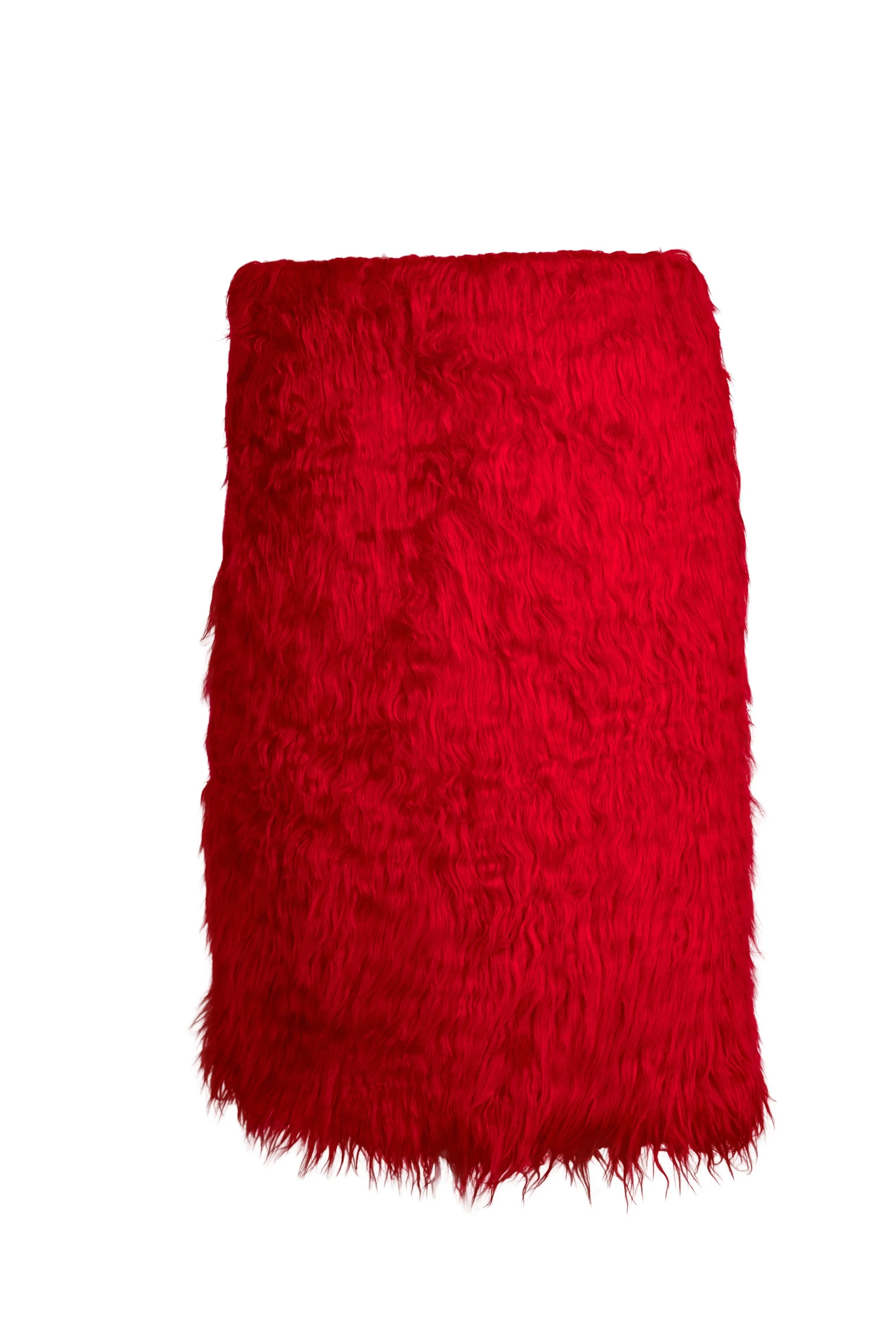 Red faux fur midi skirt back view, S/M — Pretend to Sheep by B.Brand